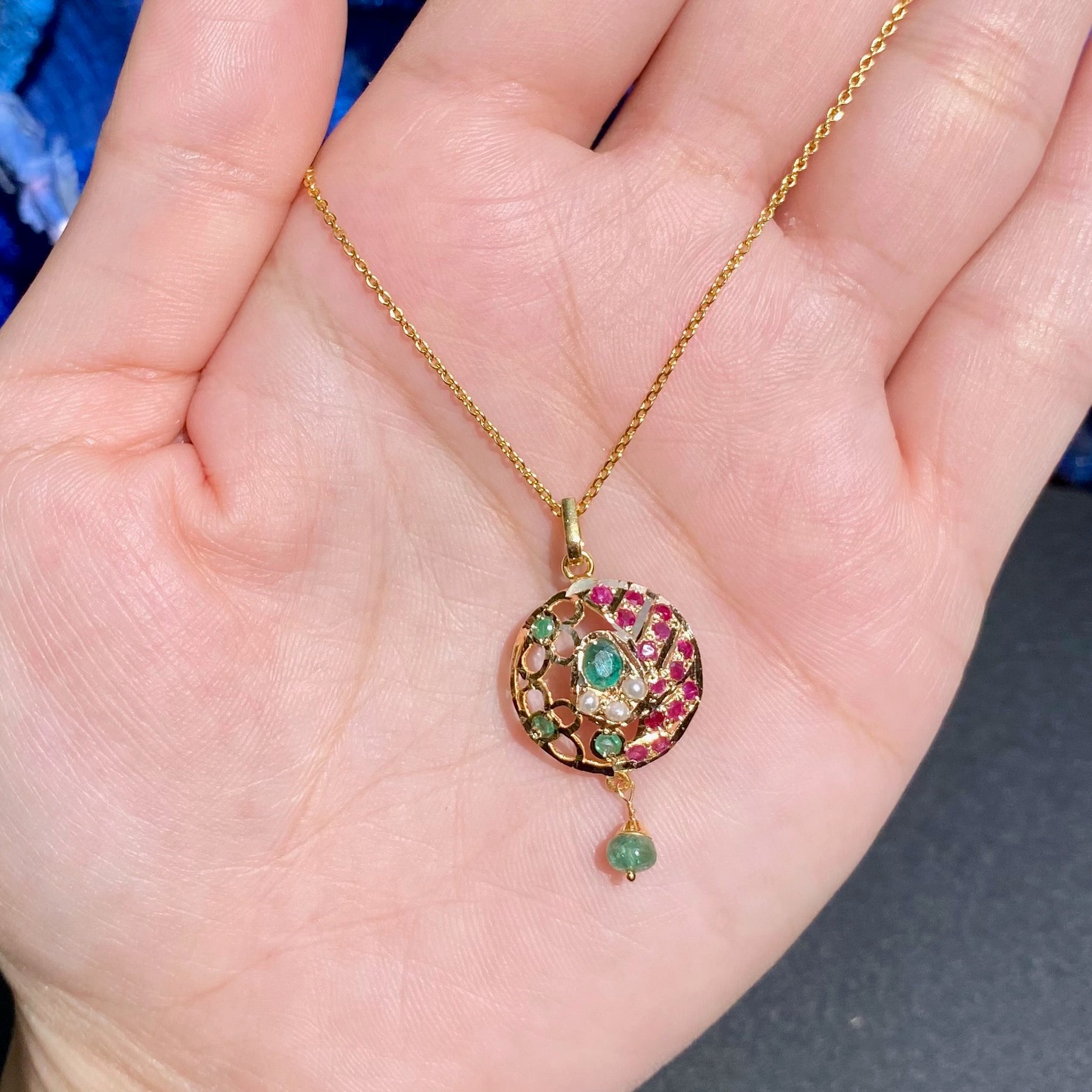 22k Gold Jadau Pendant | Precious Ruby Emerald & Pearls Studded GP 028