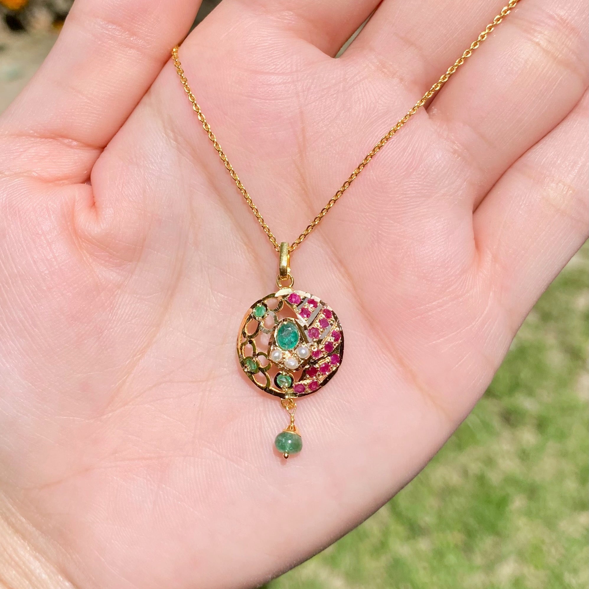 22k Gold Jadau Pendant | Precious Ruby Emerald & Pearls Studded GP 028