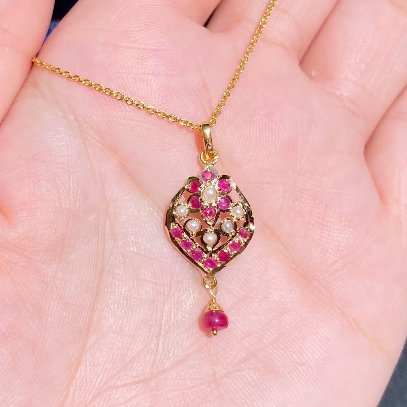 Jadau Pendant on Gold Studed with Pearls & Rubies GP 023