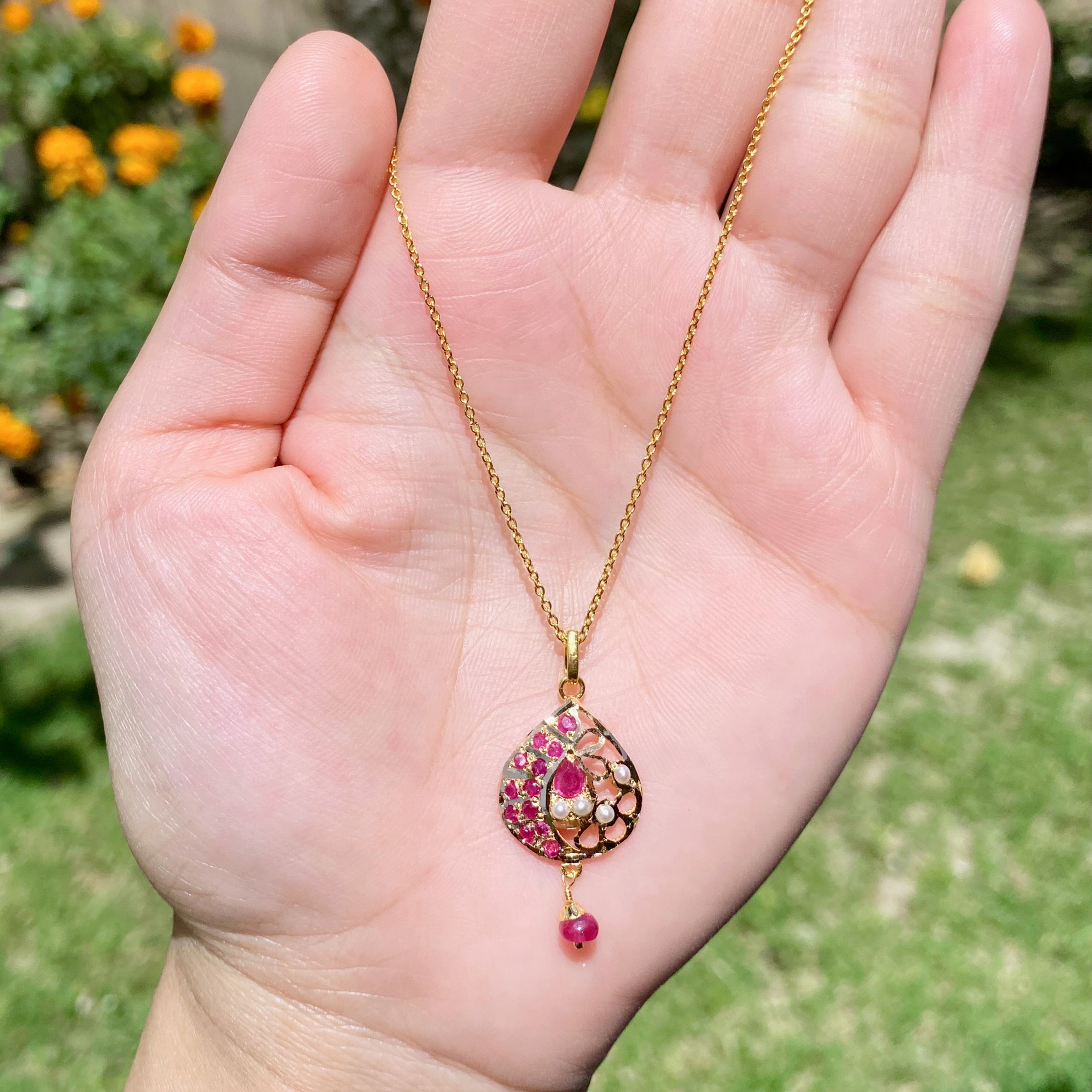Delicate Jadau Pendant on 22k Gold | Pearls & Ruby Studded GP 025