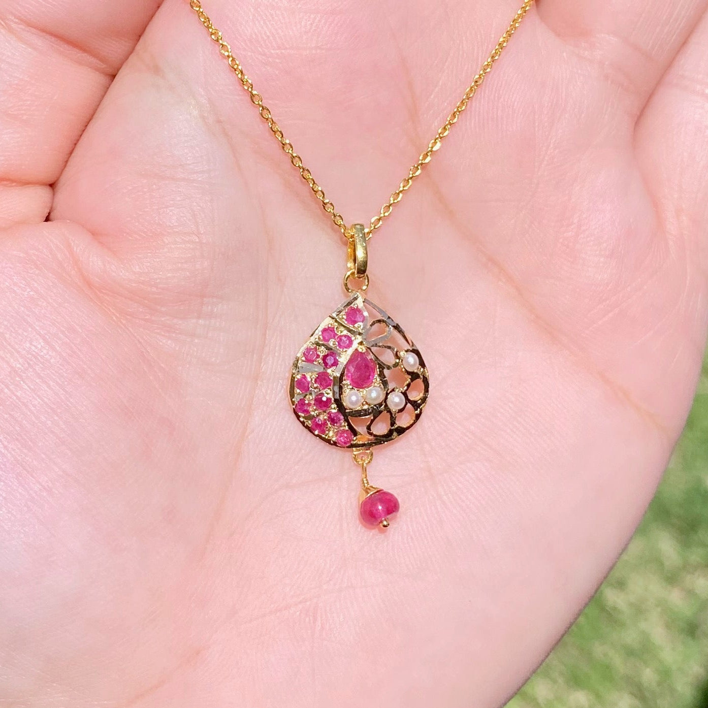 Delicate Jadau Pendant on 22k Gold | Pearls & Ruby Studded GP 025
