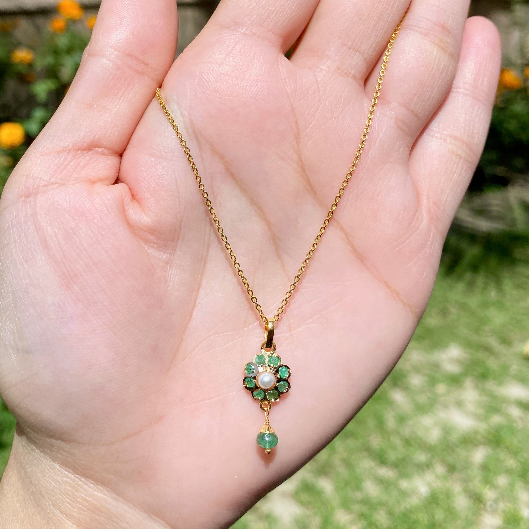 Emerald Pendant in Floral Design | Dainty Gifts for Her on 22k Gold GP 020