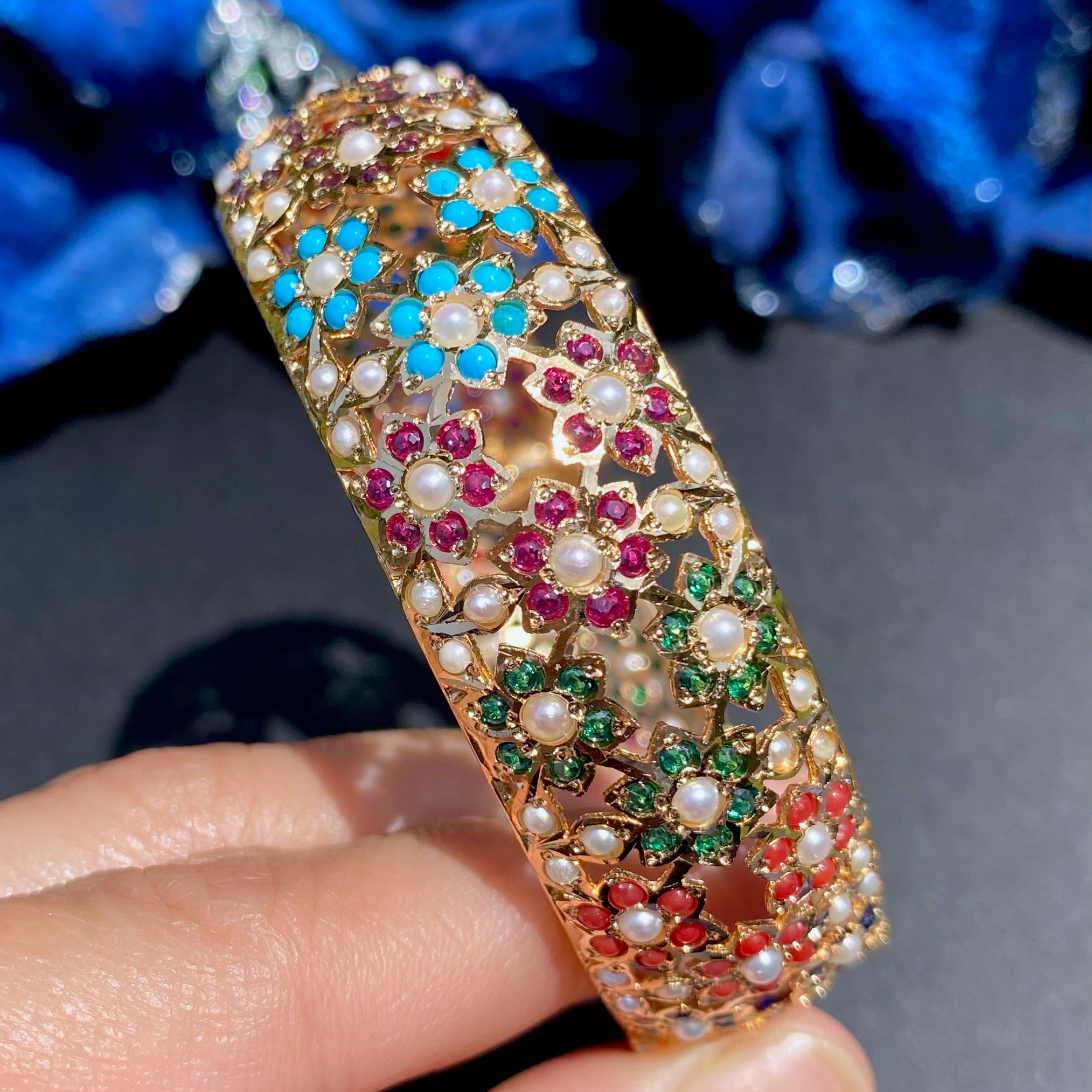 Exquisite Floral Jadau Bangles in Navratna Color Combination | Gold Plated on 925 Silver BG 177