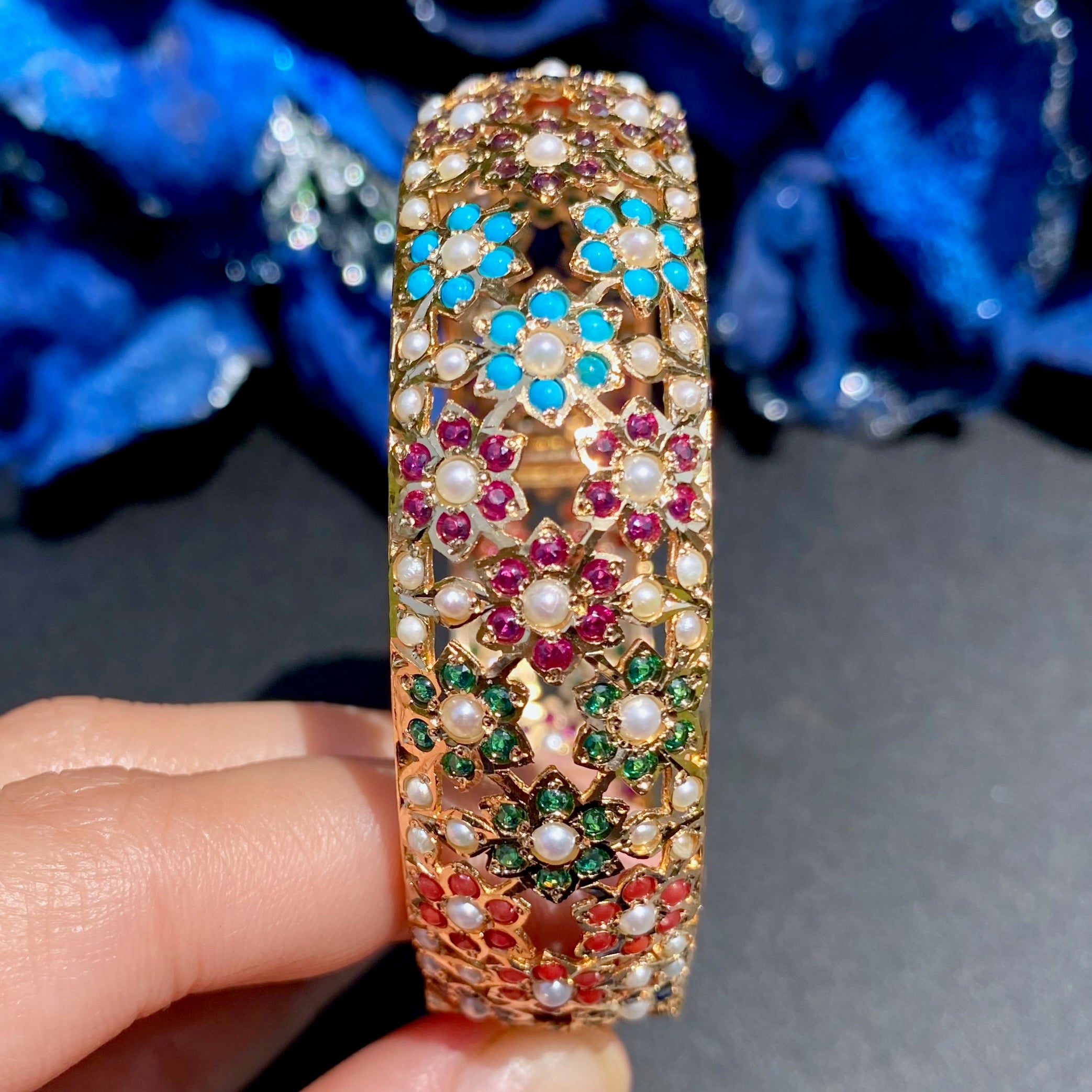 Exquisite Floral Jadau Bangles in Navratna Color Combination | Gold Plated on 925 Silver BG 177