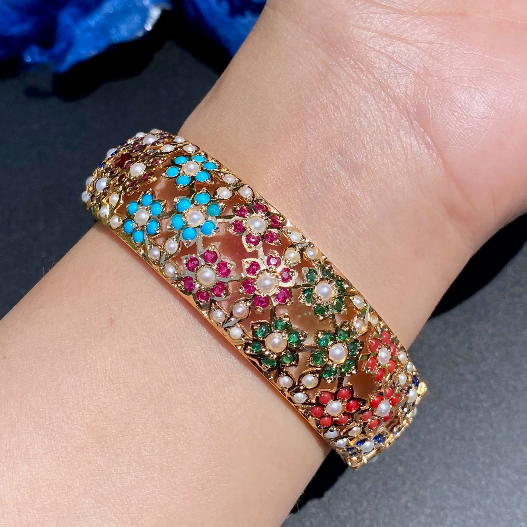 Exquisite Floral Jadau Bangles in Navratna Color Combination | Gold Plated on 925 Silver BG 177