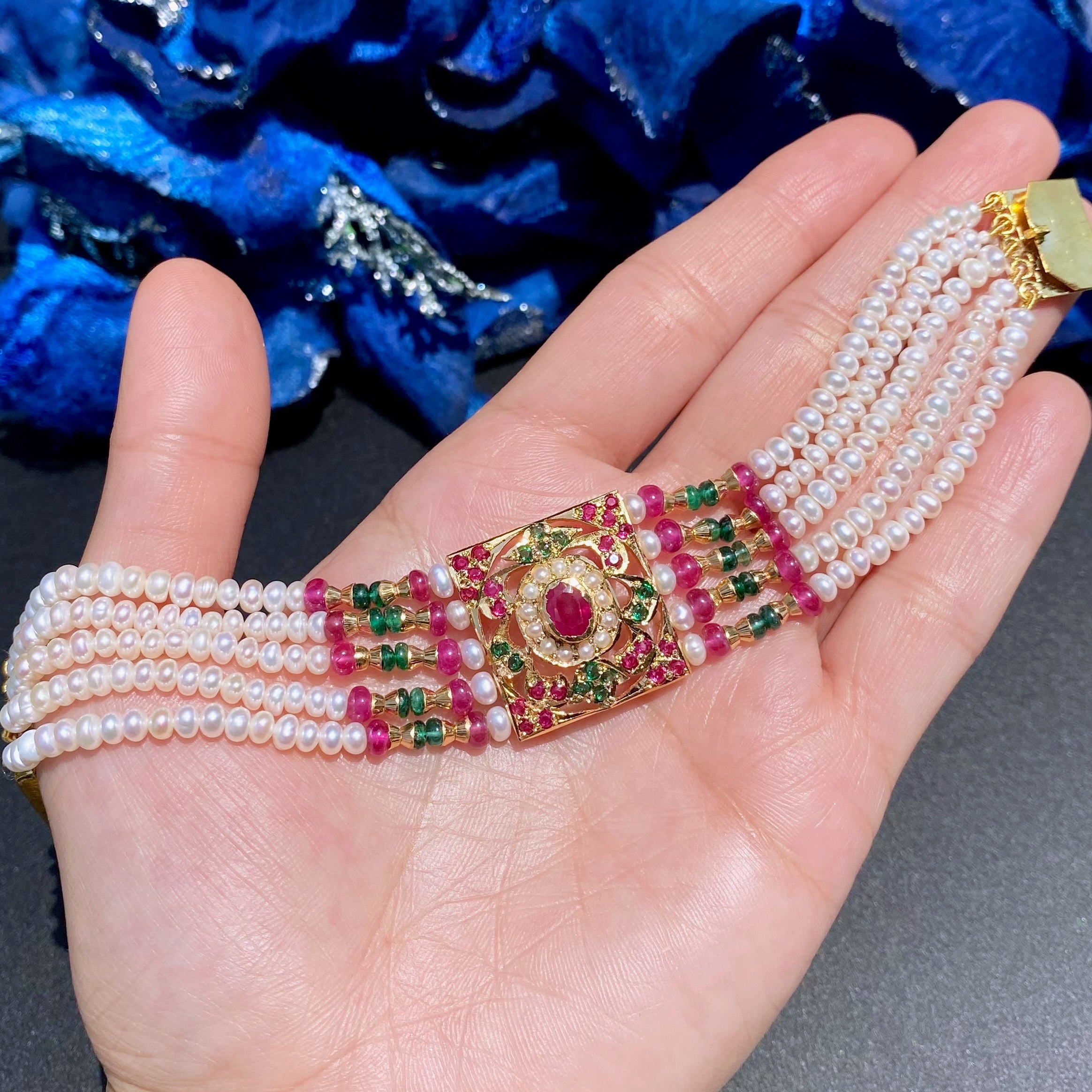 Traditional Jadau Bracelet in Red Green Colors | Gold Plated on 925 Silver Base BG 172