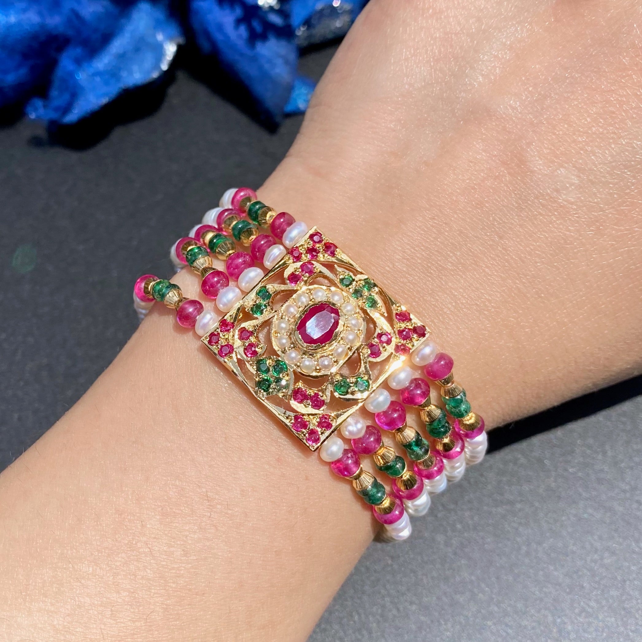 Traditional Jadau Bracelet in Red Green Colors | Gold Plated on 925 Silver Base BG 172