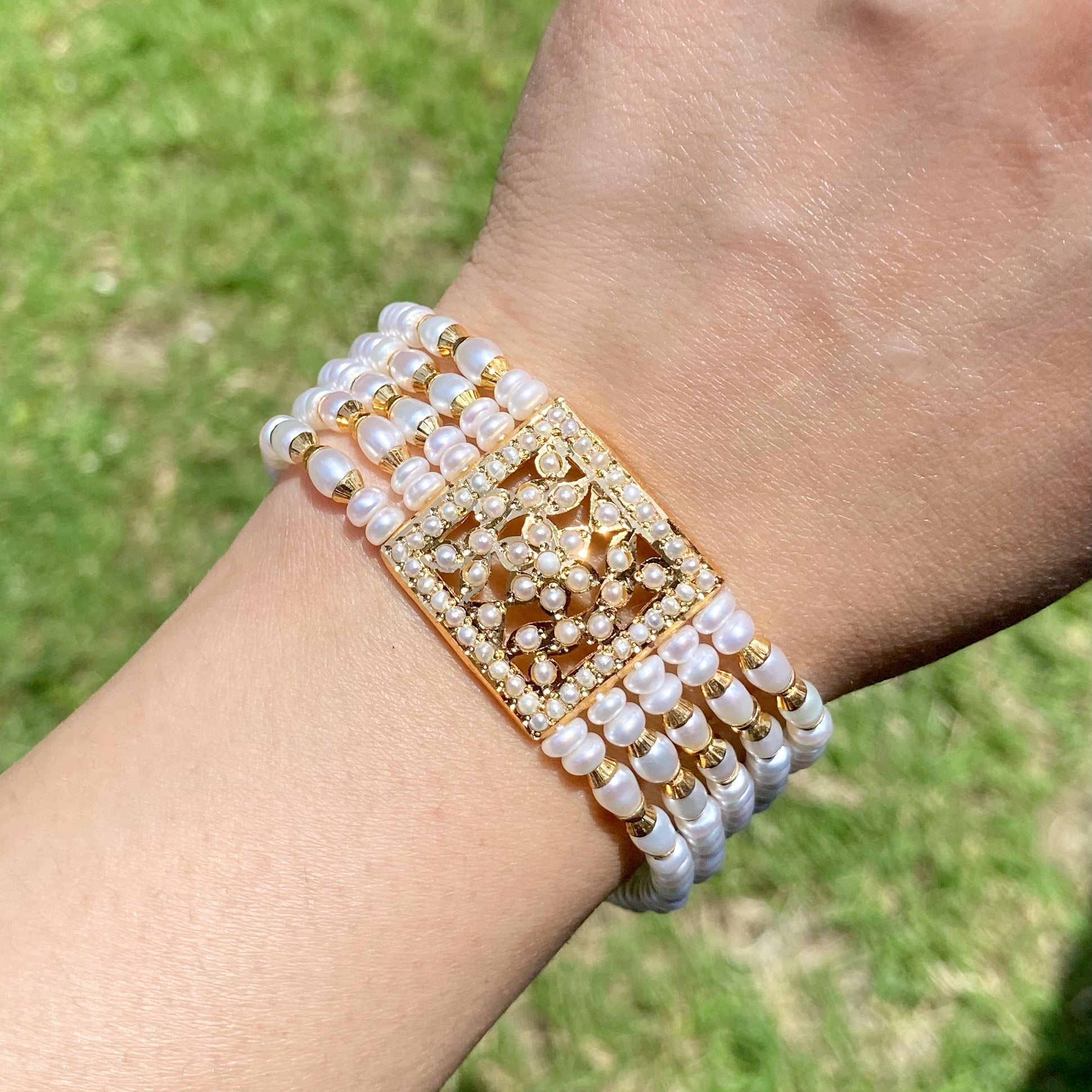 Traditional Punjabi Jadau Dasti on 925 Silver with Genuine Freshwater Pearls BG 170