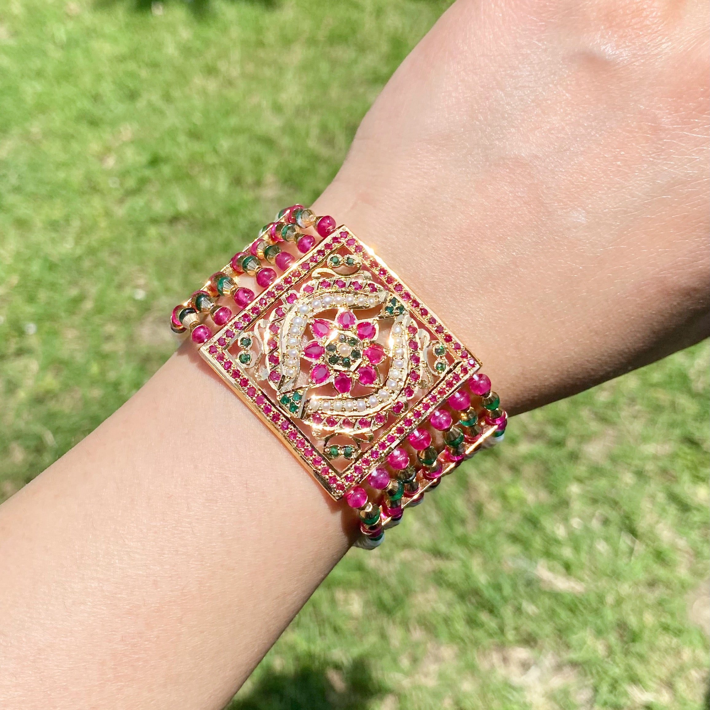 Exquisite Jadau Dast in Red-Green Color Combination | Gold Plated on 925 Silver Base BG 171