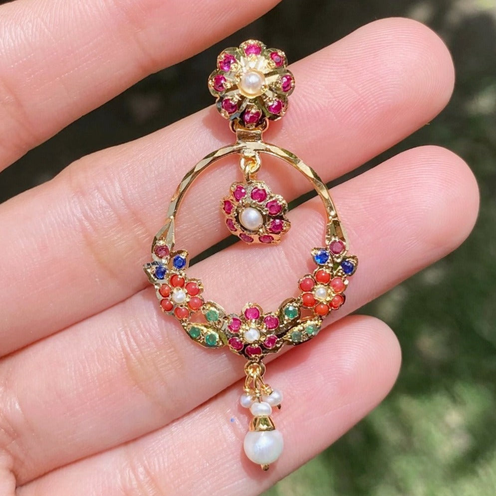 small punjabi navratan jadau earrings chandbali
