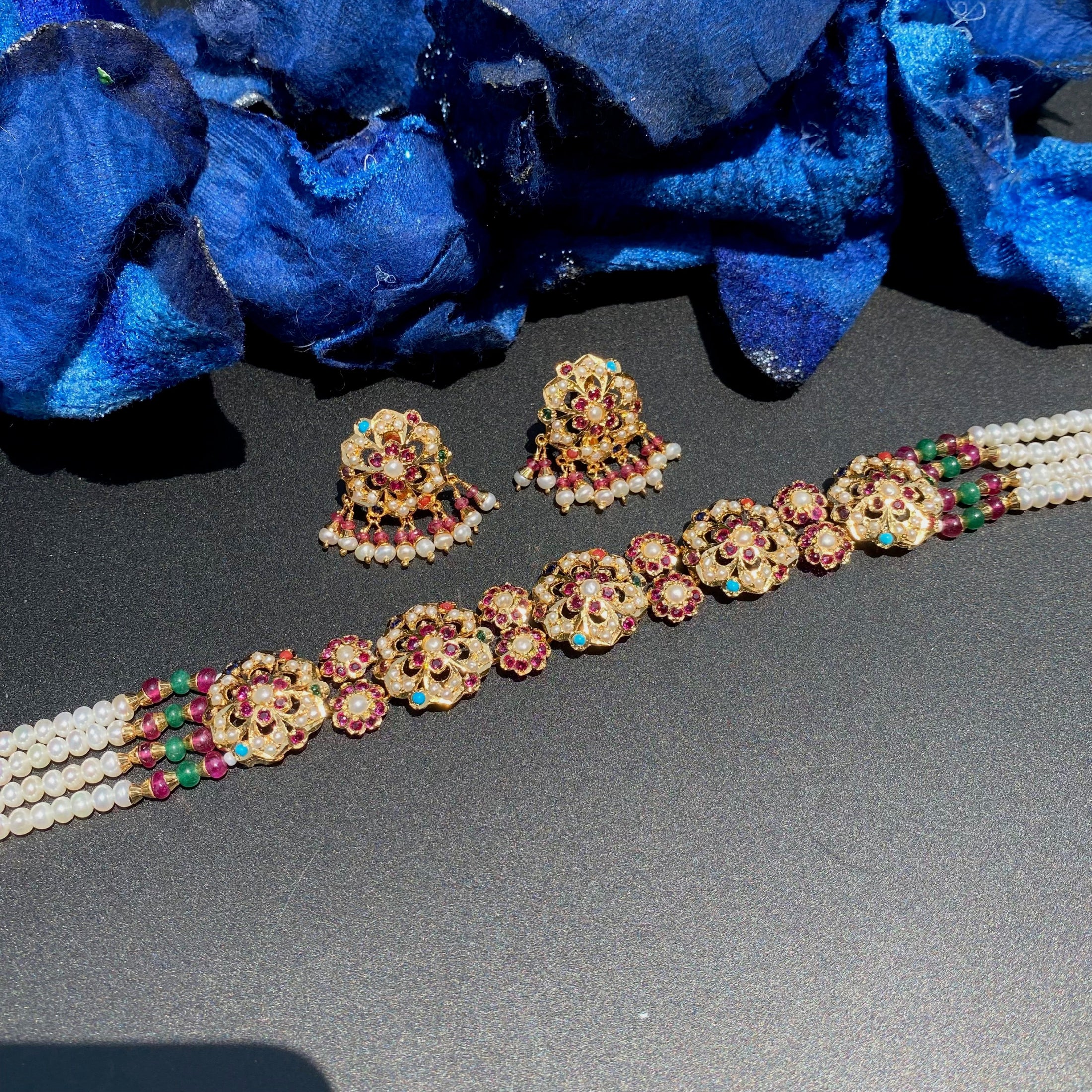 Sleek Floral Navratna Pearl Choker Set | Gold Plated on Silver NS 457