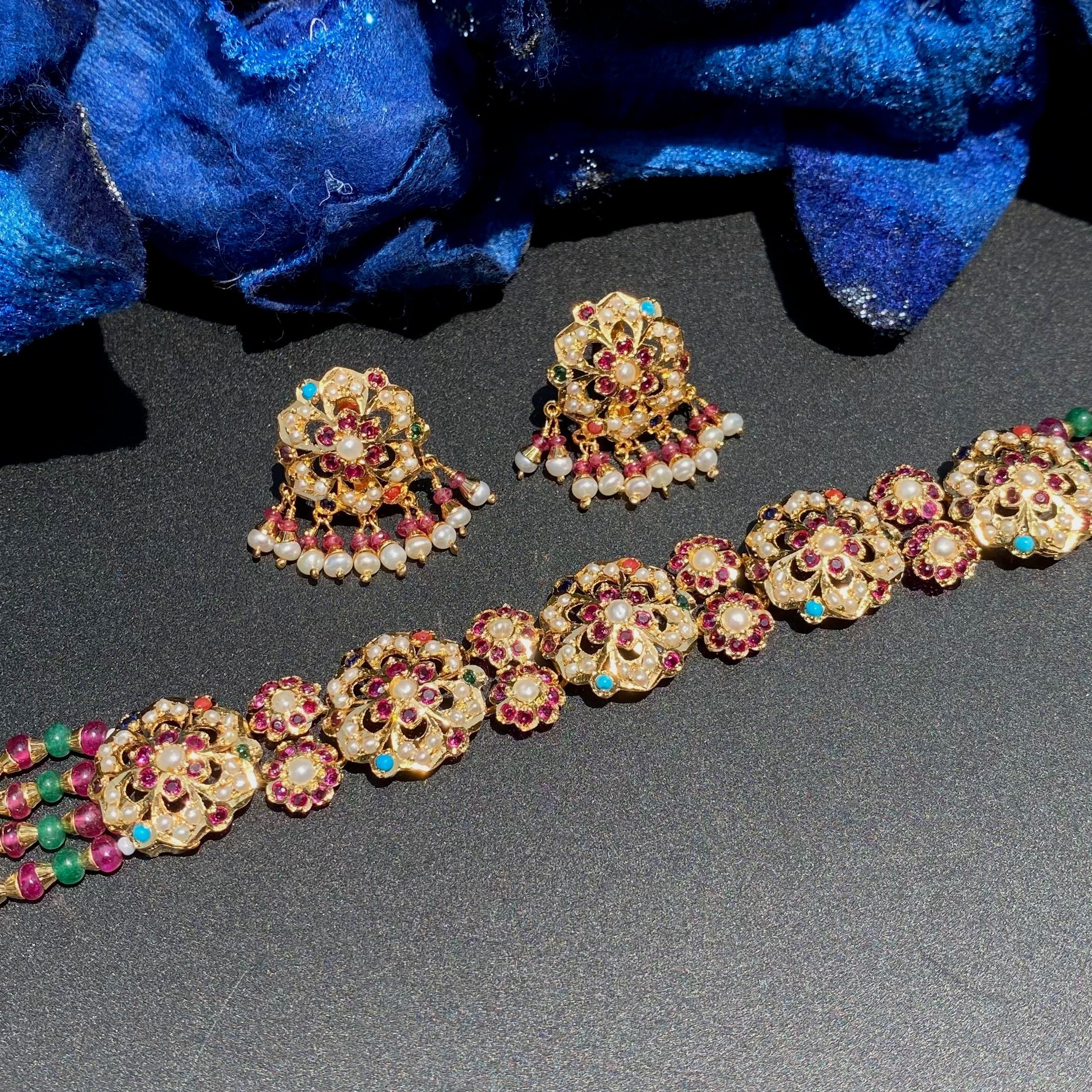 Sleek Floral Navratna Pearl Choker Set | Gold Plated on Silver NS 457