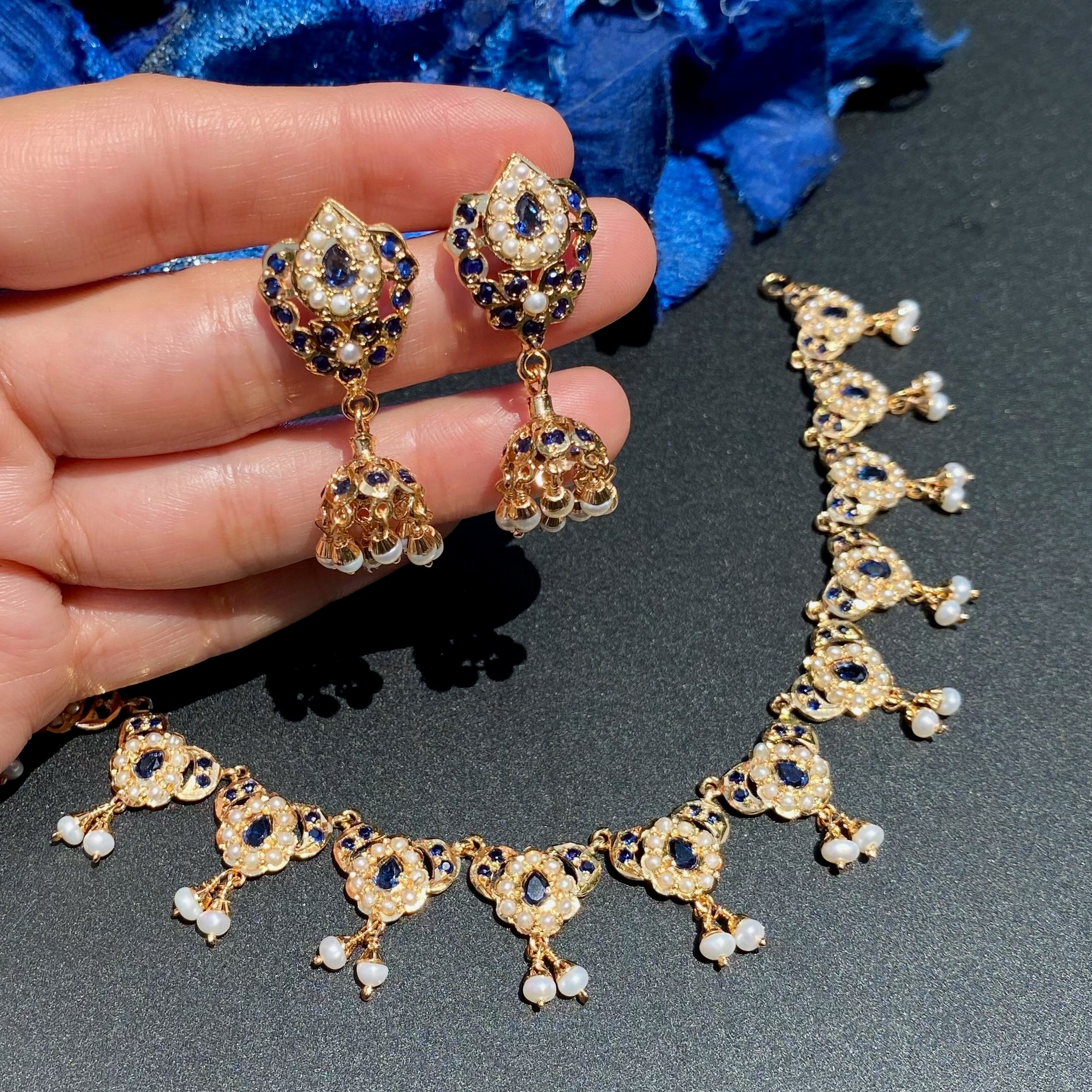 Blue Stone Pearl Jadau Necklace Set with Jhumka Earrings | Gold Plated 925 Silver NS 456
