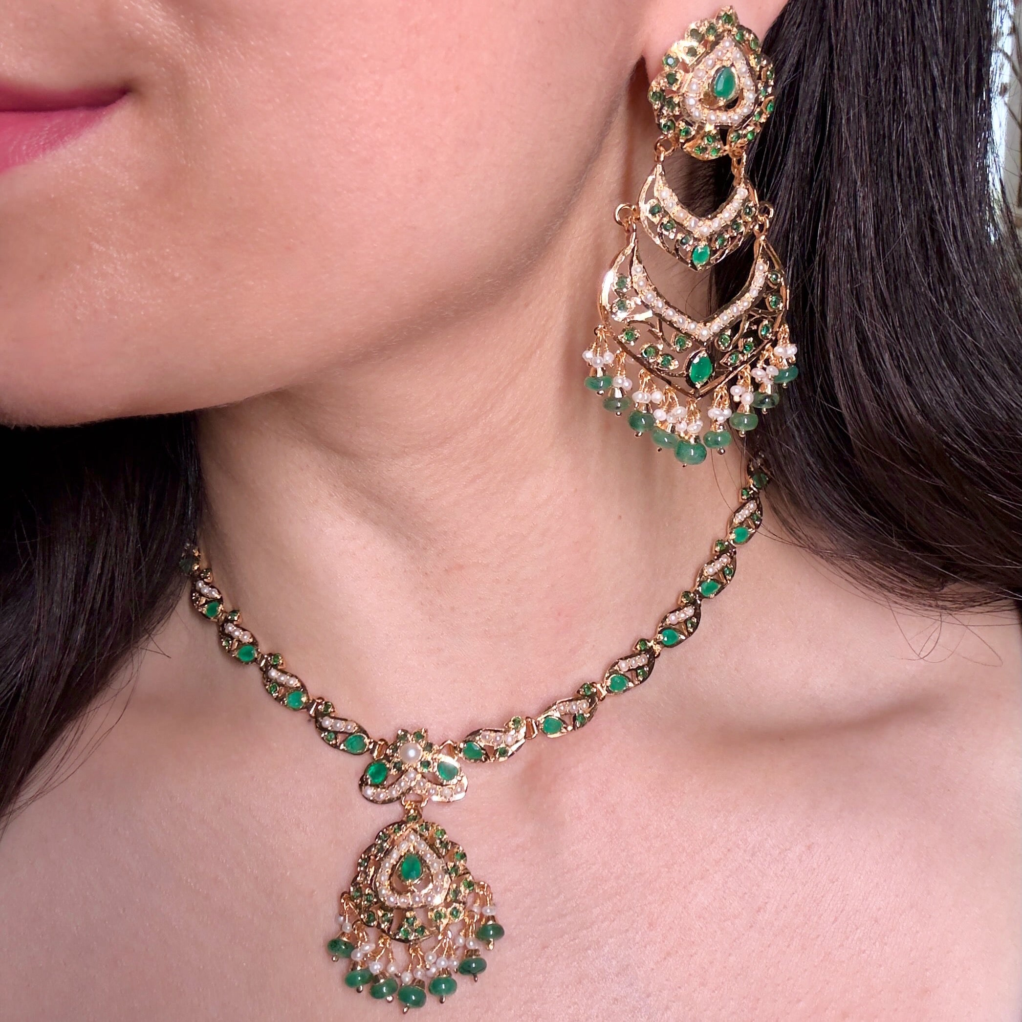 Gold Plated Emerald Green Necklace Set | Sterling Silver NS 378A