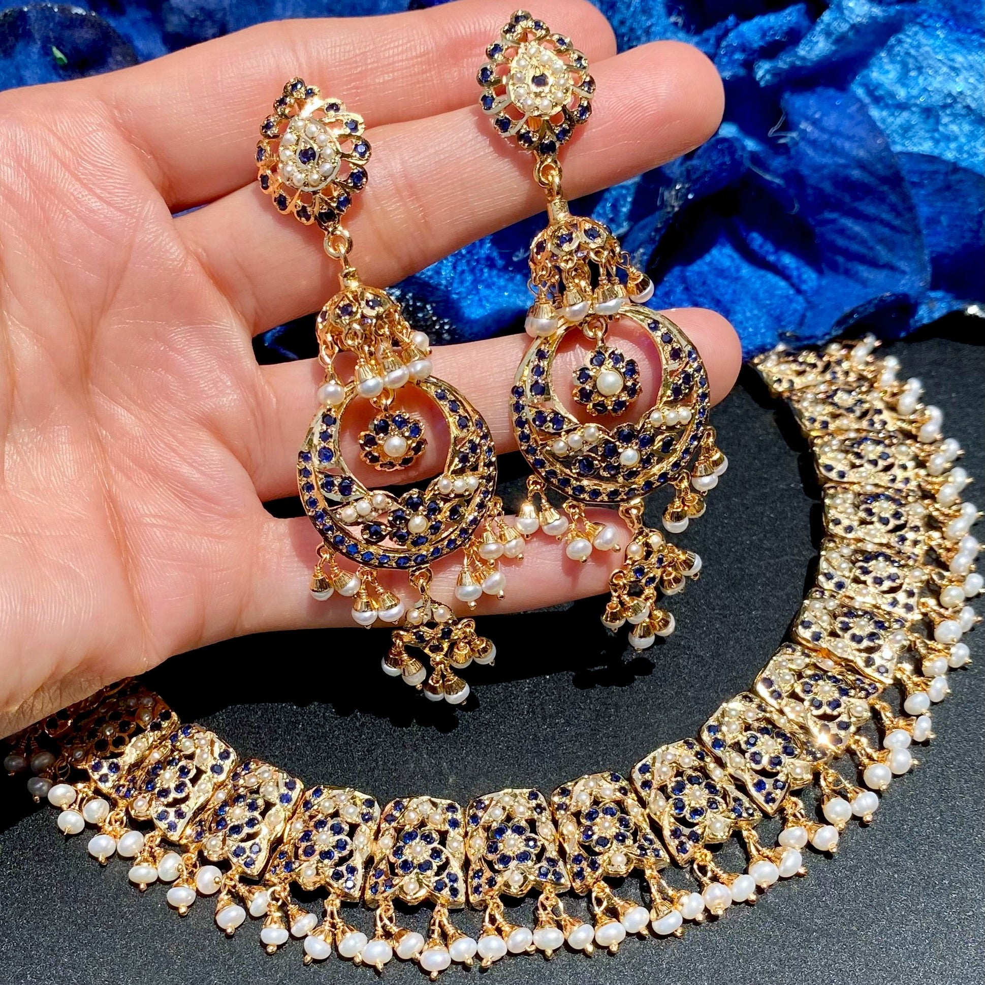 Classic Jadau Necklace Set in Gold-Plated silver | Deep Blue Stones and Fine Pearl Detailing NS 459