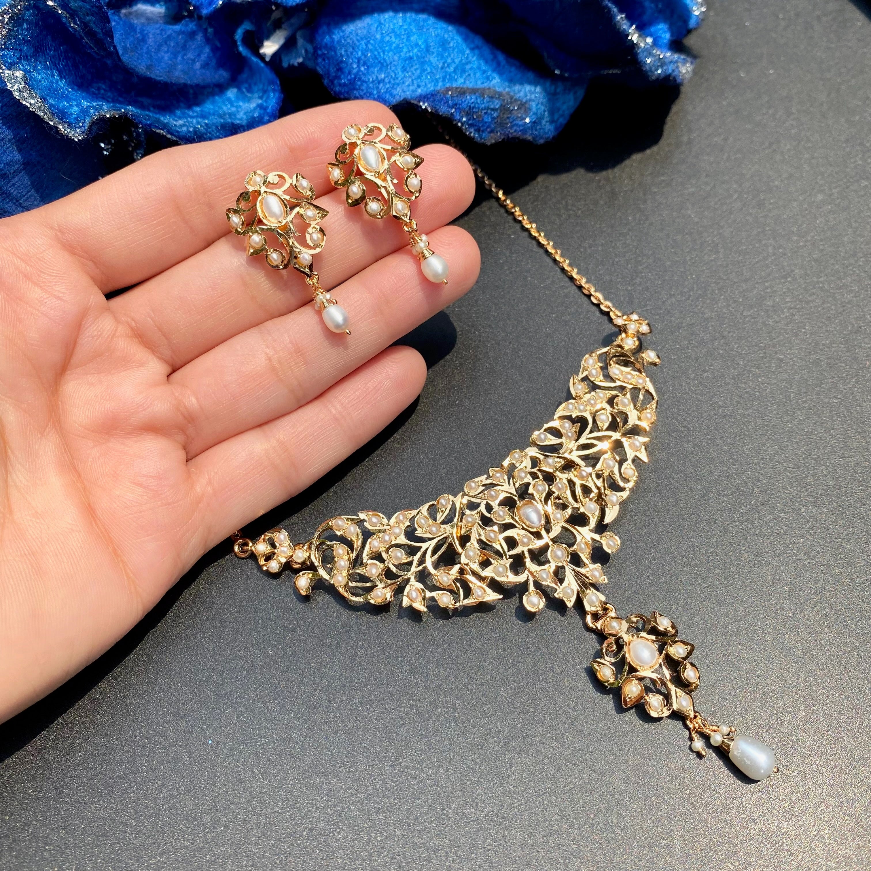 Pearl Floral Openwork Necklace Set | Indo Western Design| Gold Plated on Silver NS 462