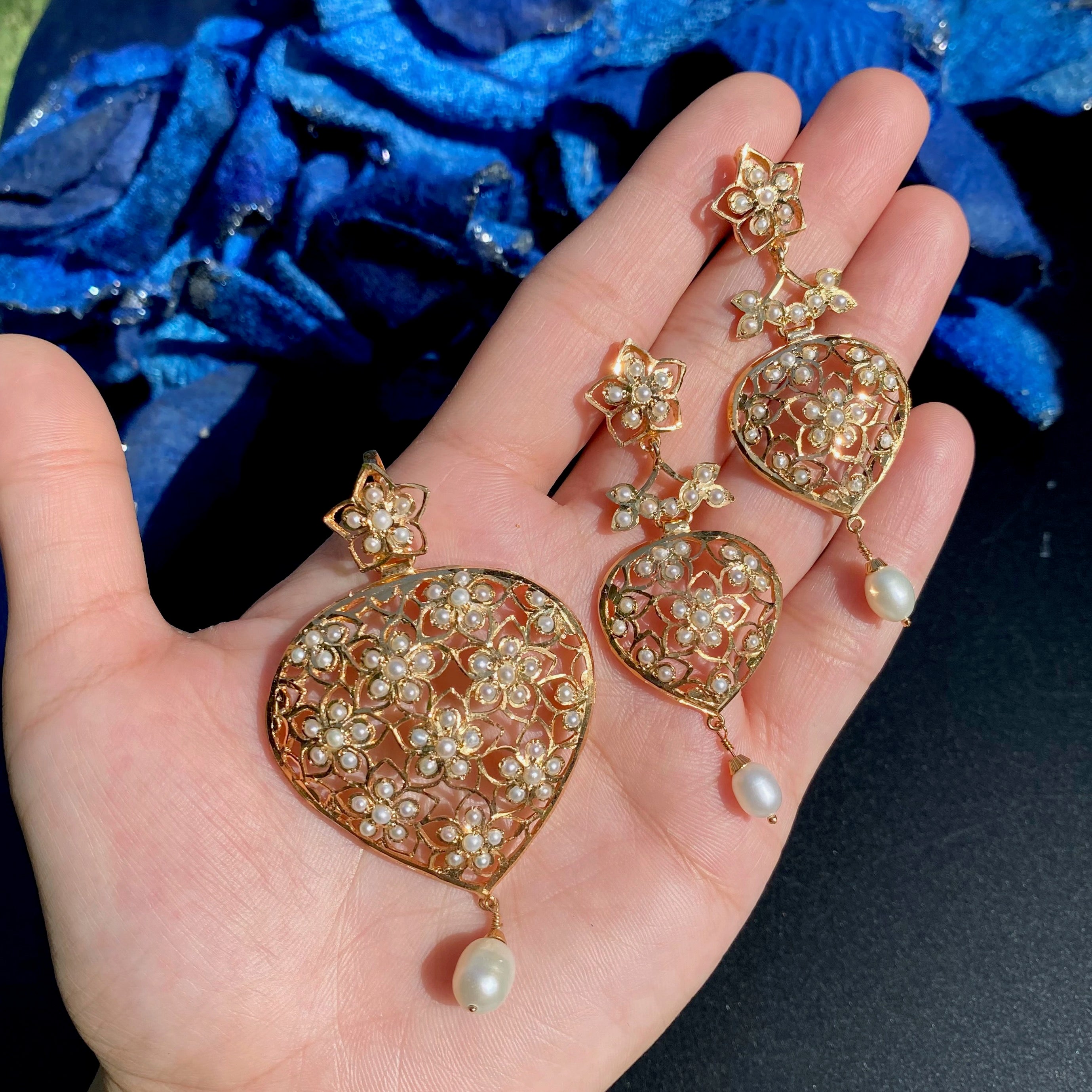 Antique Edwardian Styled Floral Jadau Pendant Set | Gold Plated Silver PS 138