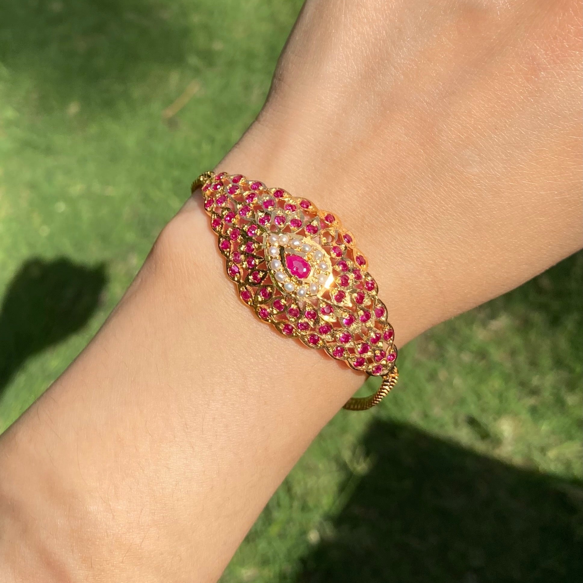 Ruby Pearl Jadau Bracelet | Gold Plated on Sterling Silver BG 181