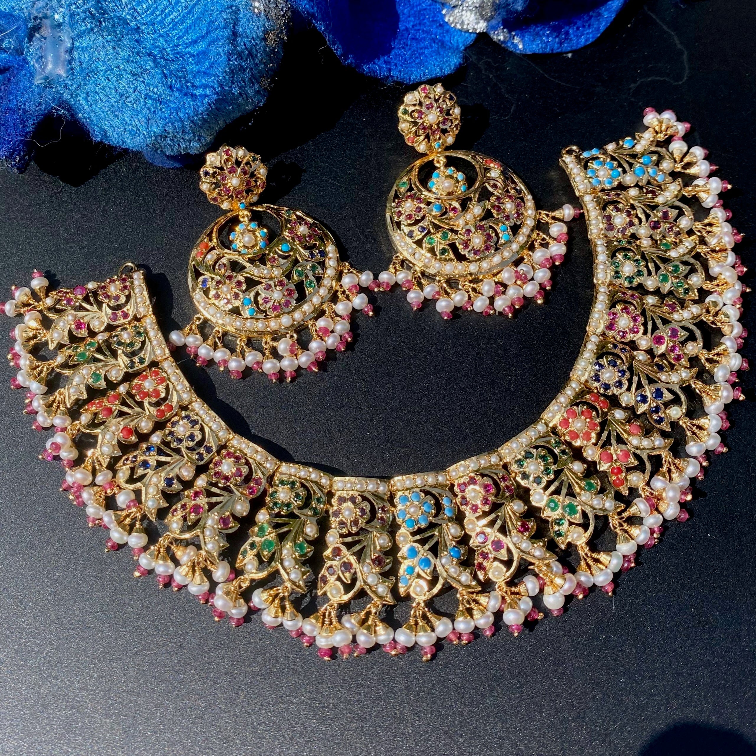 Broad Floral Navratna Guluband Paired with Chandbalis | Gold Plated on Silver NS 452