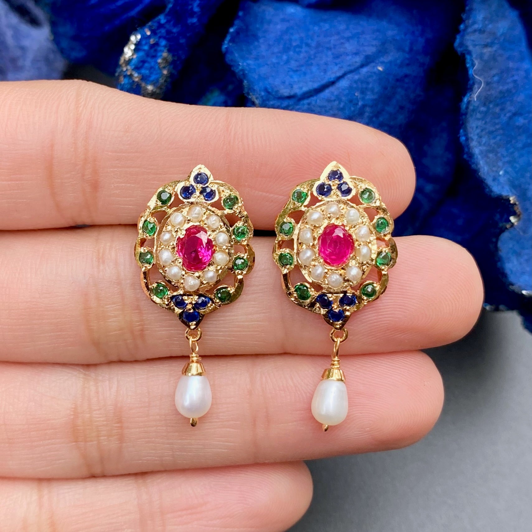 Colorful Women's Tops | Gold Plated on Silver | Jadau Jewelry ER 498