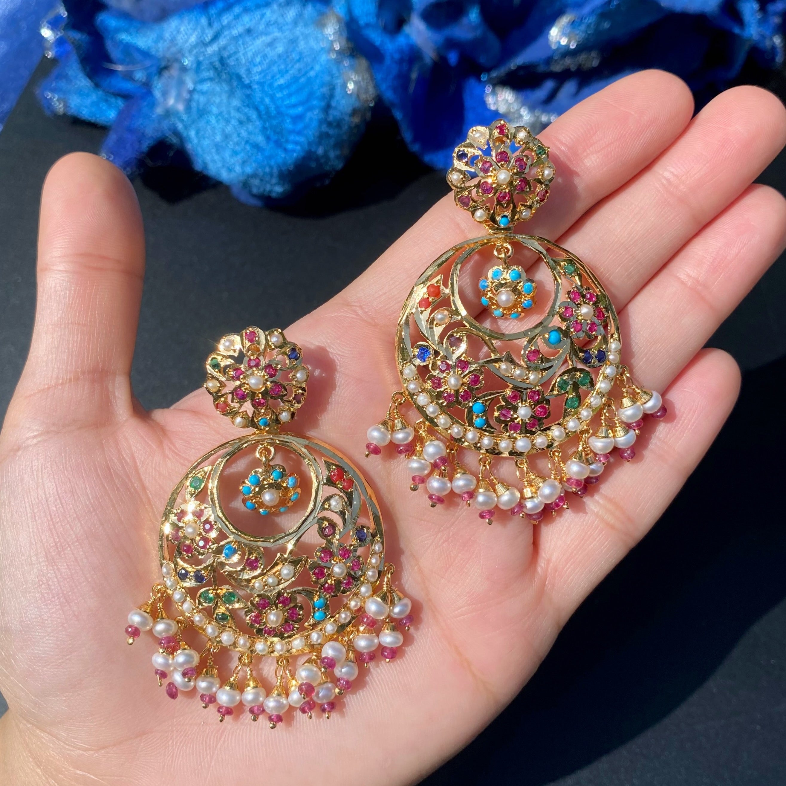 Broad Floral Navratna Guluband Paired with Chandbalis | Gold Plated on Silver NS 452