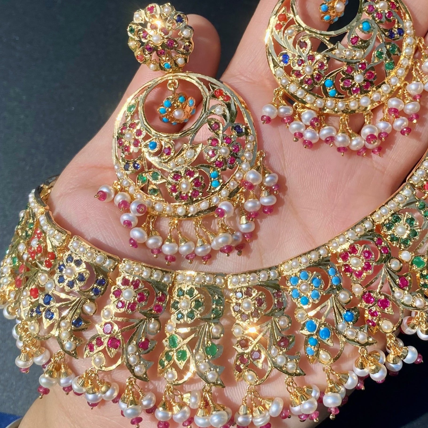 Broad Floral Navratna Guluband Paired with Chandbalis | Gold Plated on Silver NS 452
