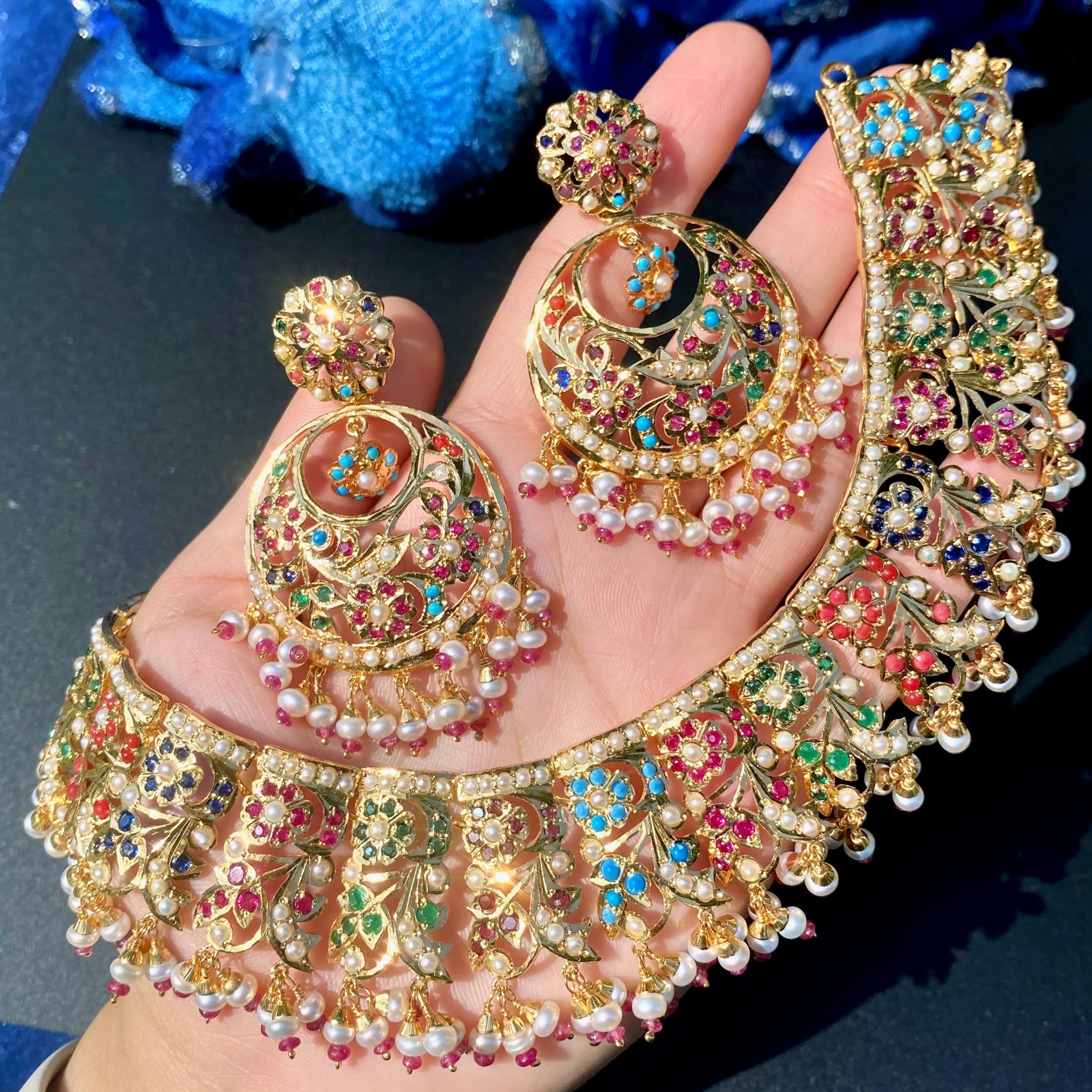 Broad Floral Navratna Guluband Paired with Chandbalis | Gold Plated on Silver NS 452