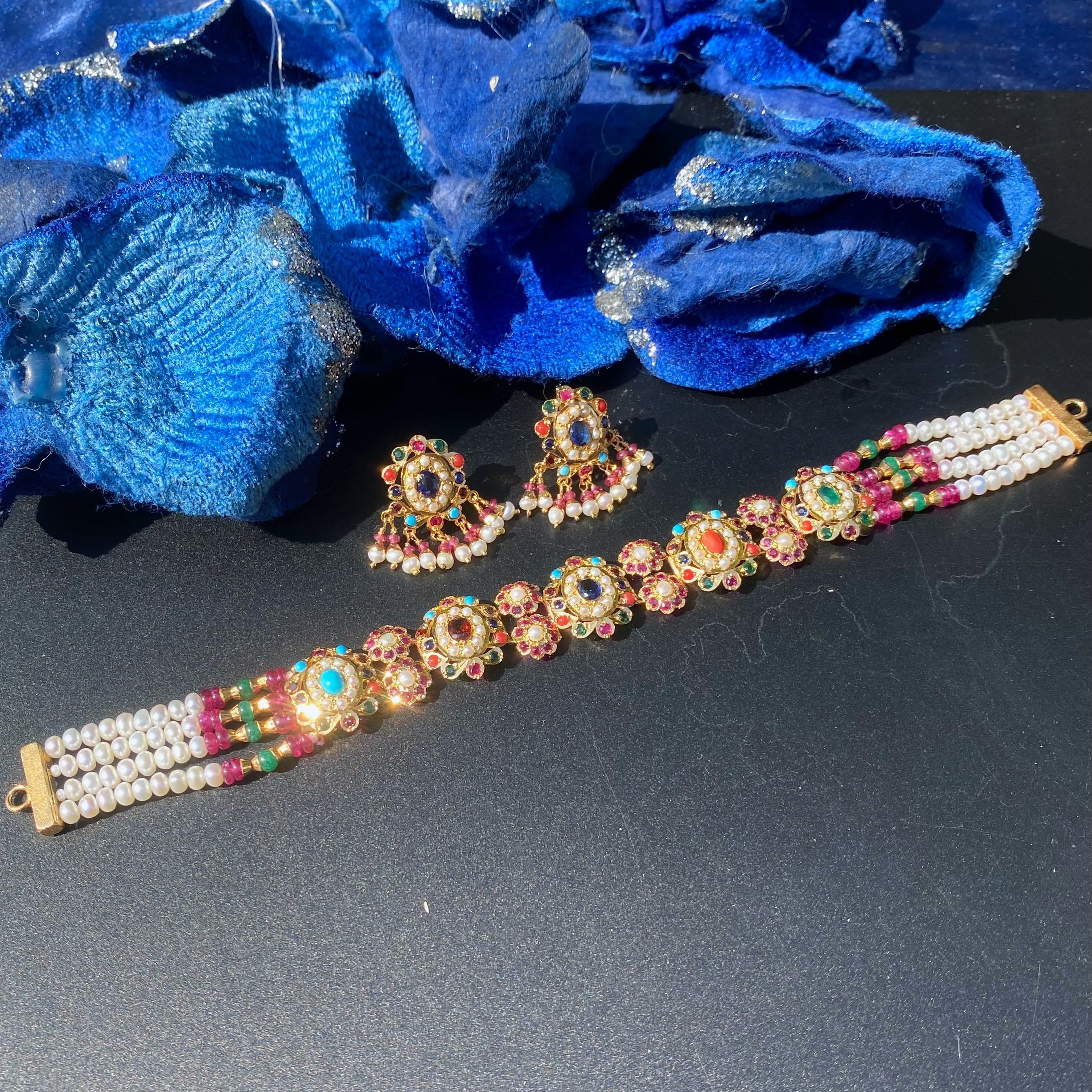 Floral Navratna Pearl Choker Set | Gold Plated Silver NS 472