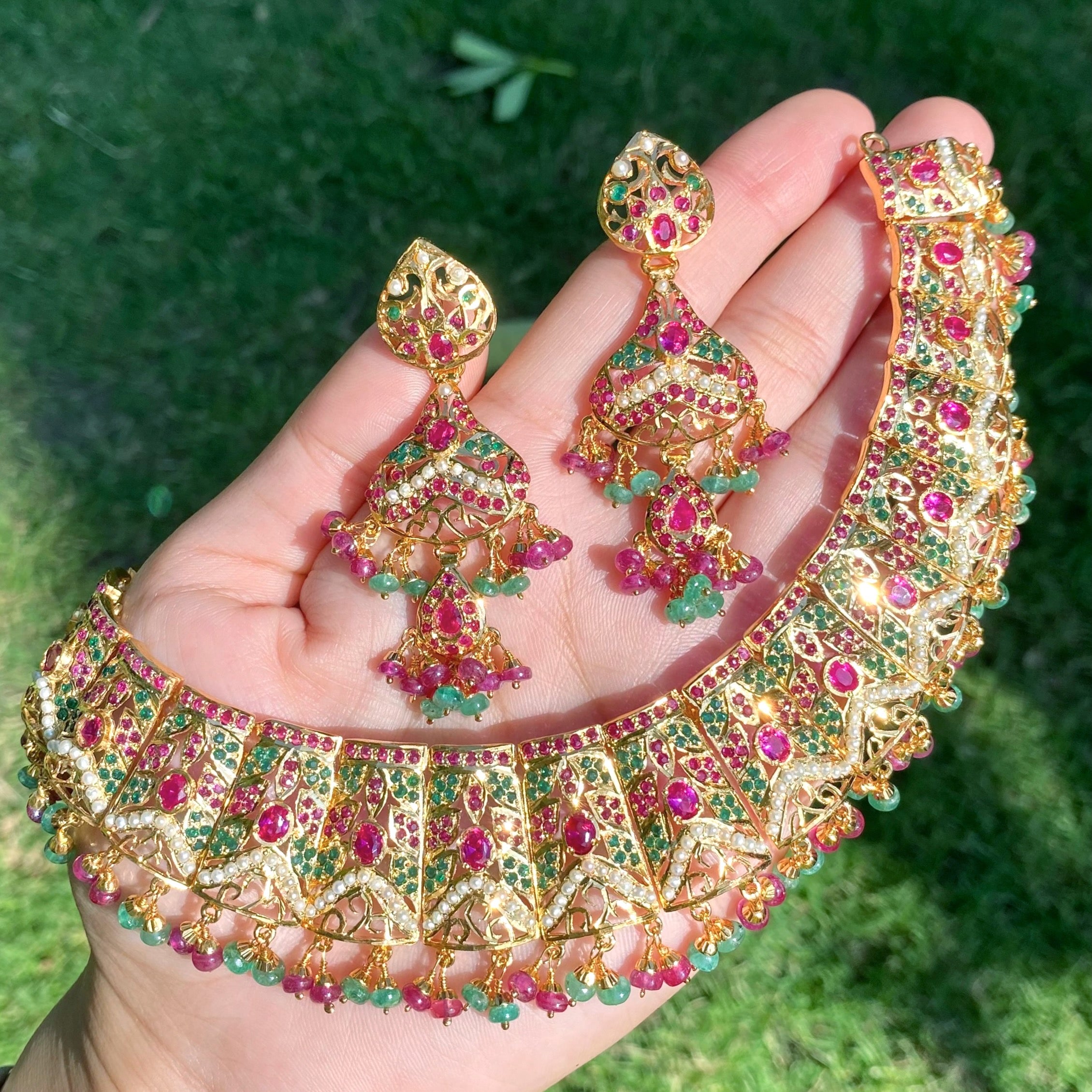 Gold Plated Jadau Necklace Set in Silver NS 054