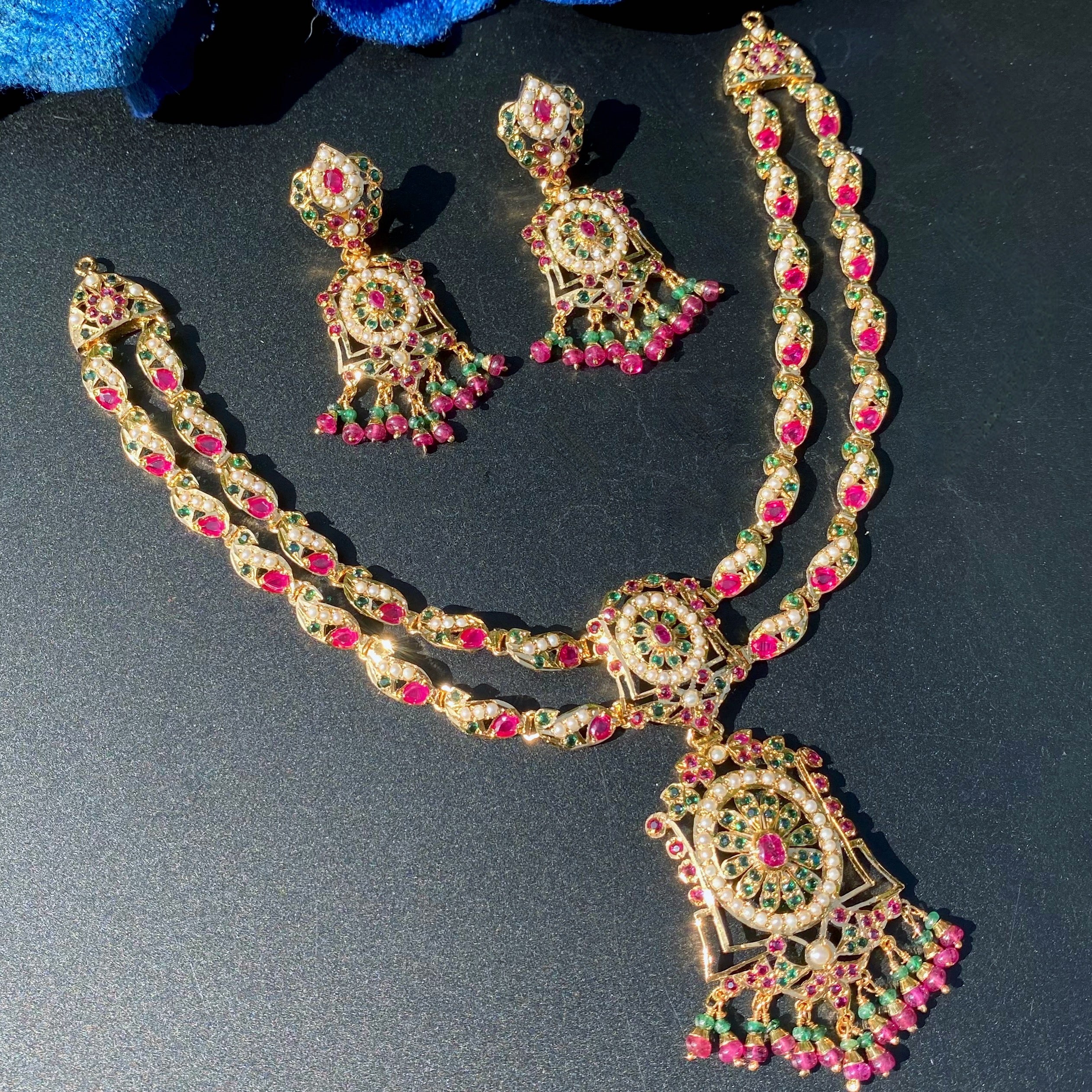 Ruby-Green Pearl Jadau Pendant Choker Set | Gold Plated Silver NS 449