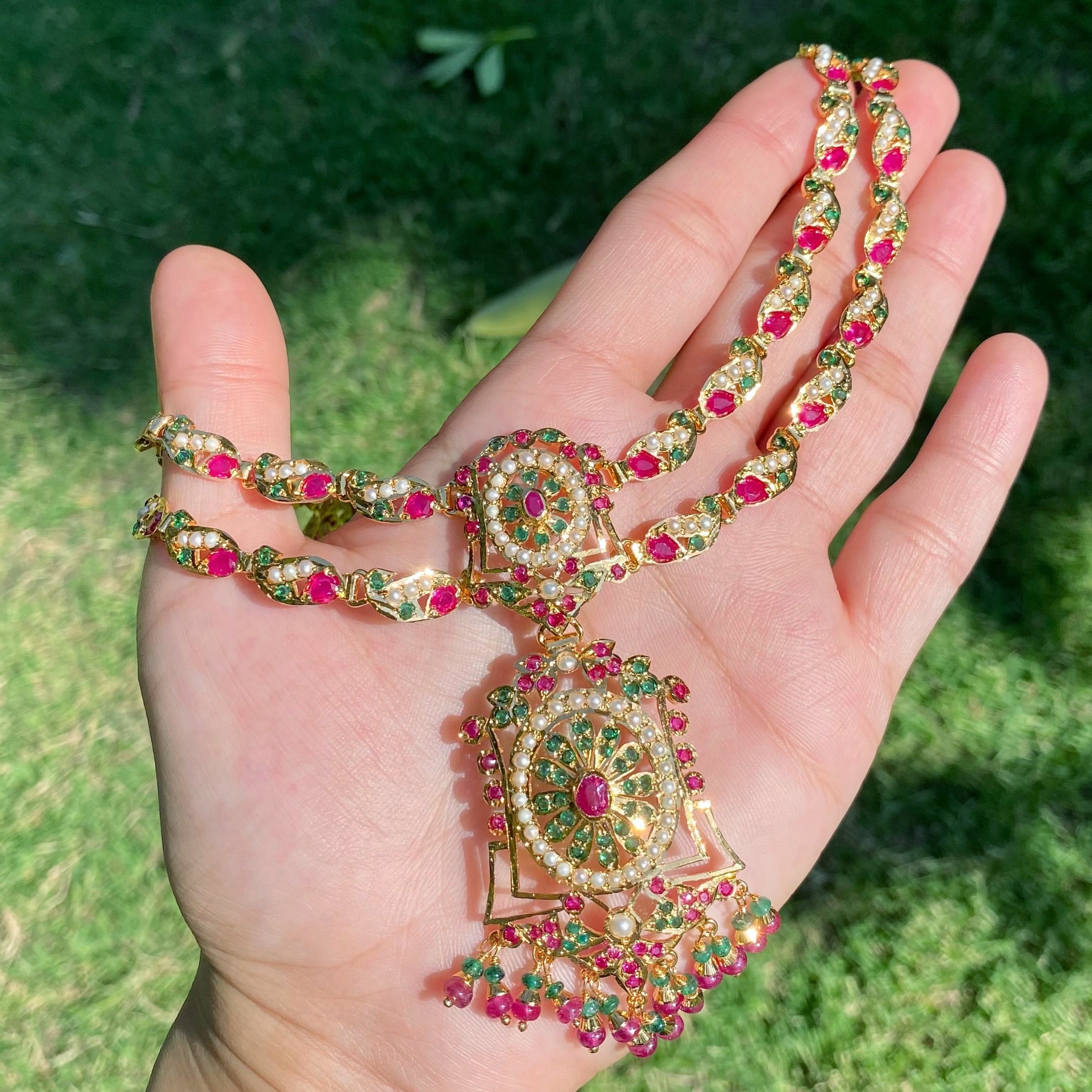 Ruby-Green Pearl Jadau Pendant Choker Set | Gold Plated Silver NS 449