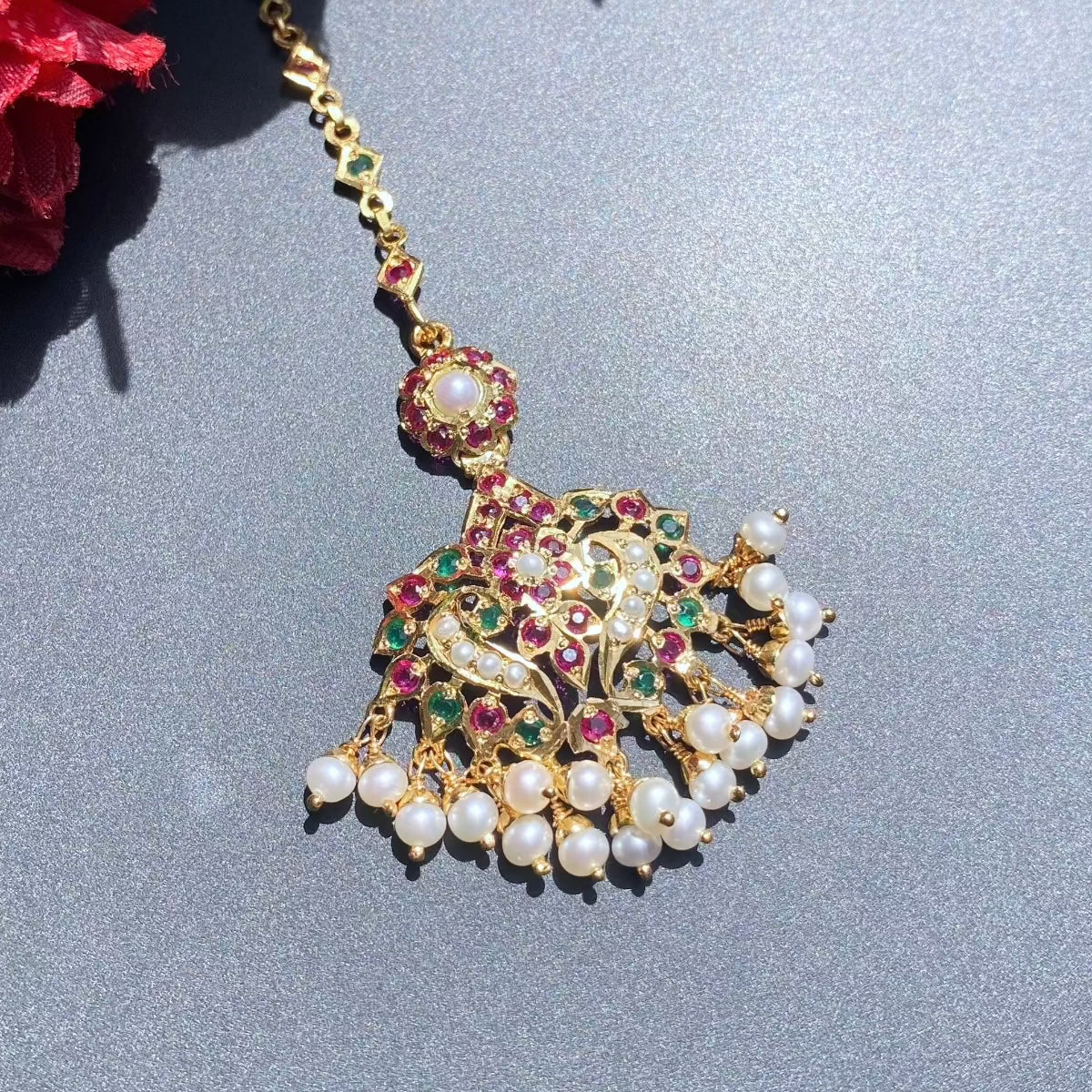 jadau maang teeka in gold plated silver