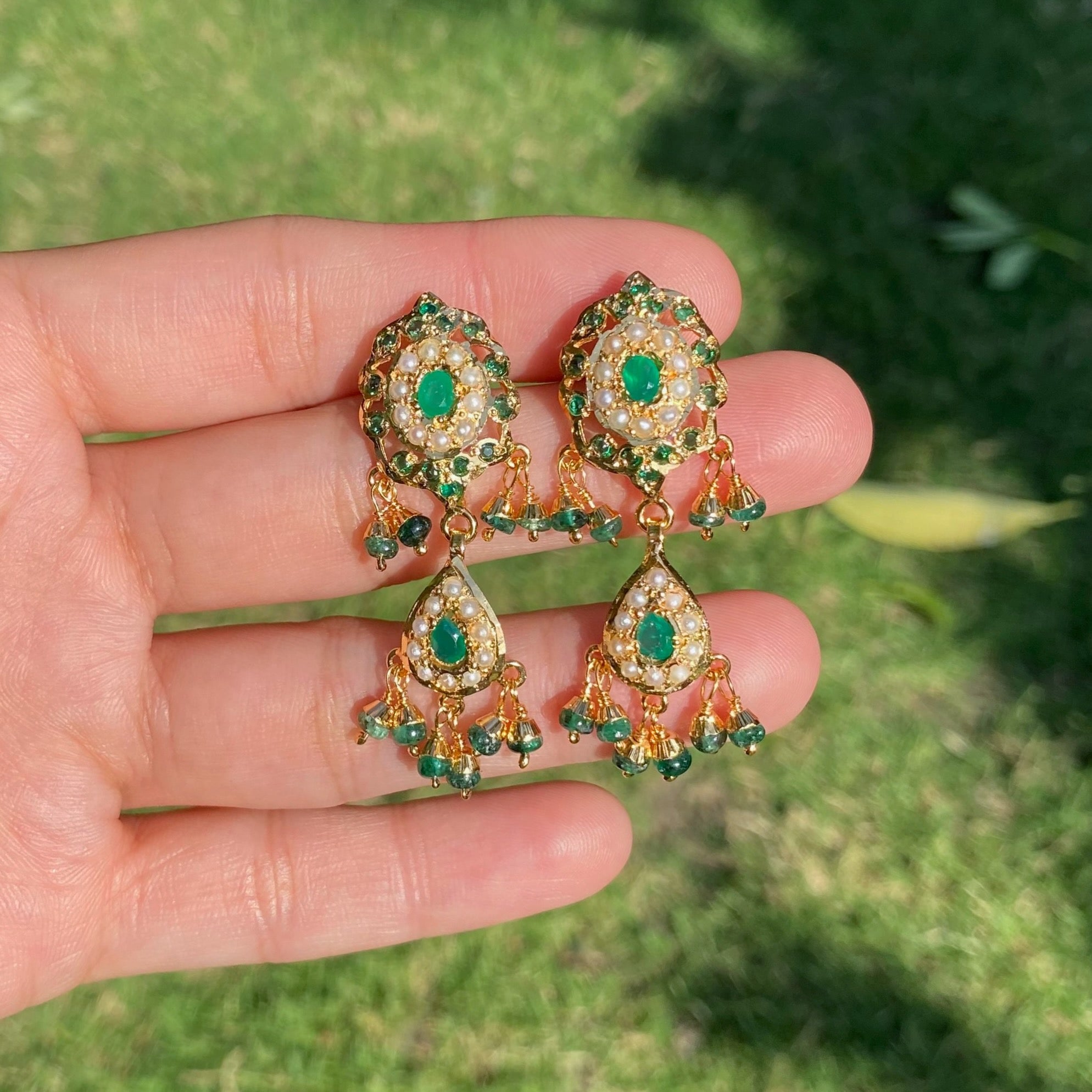 Intricate Jadau Necklace Set in 925 Silver Base | Pearl & Emerald Green Combination NS 451