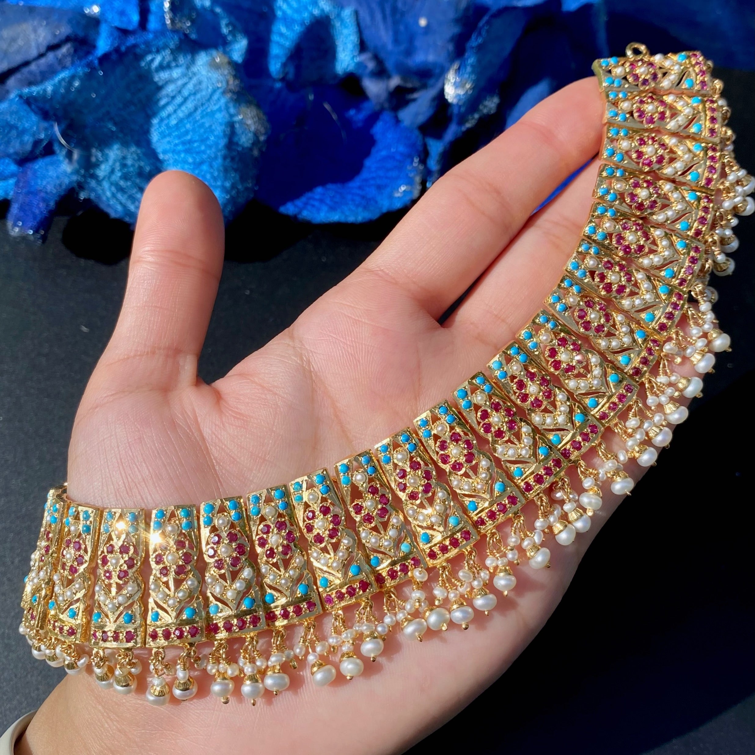 Turquoise Ruby-Red Pearl Jadau Choker Set with Chandbali Earrings | Gold Plated Silver NS 458