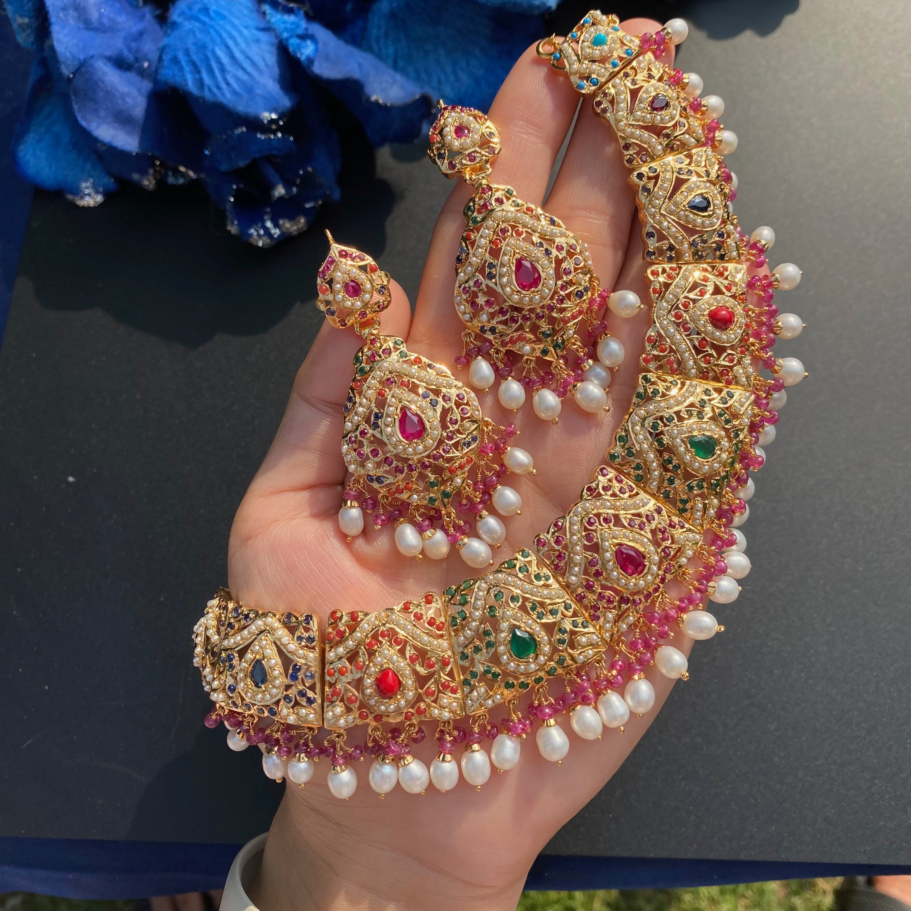 Navratna-Inspired Exquisite Jadau Collar Set | Gold Plated on 925 Silver NS 466
