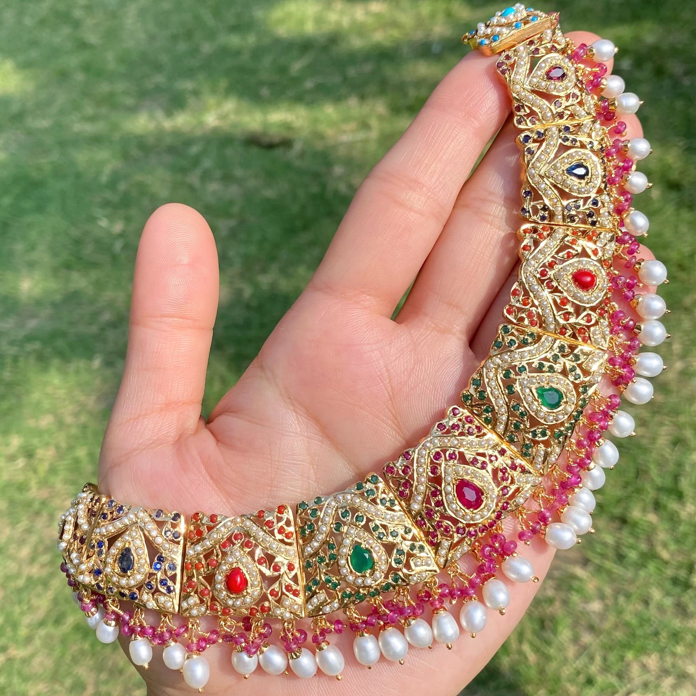 Navratna-Inspired Exquisite Jadau Collar Set | Gold Plated on 925 Silver NS 466