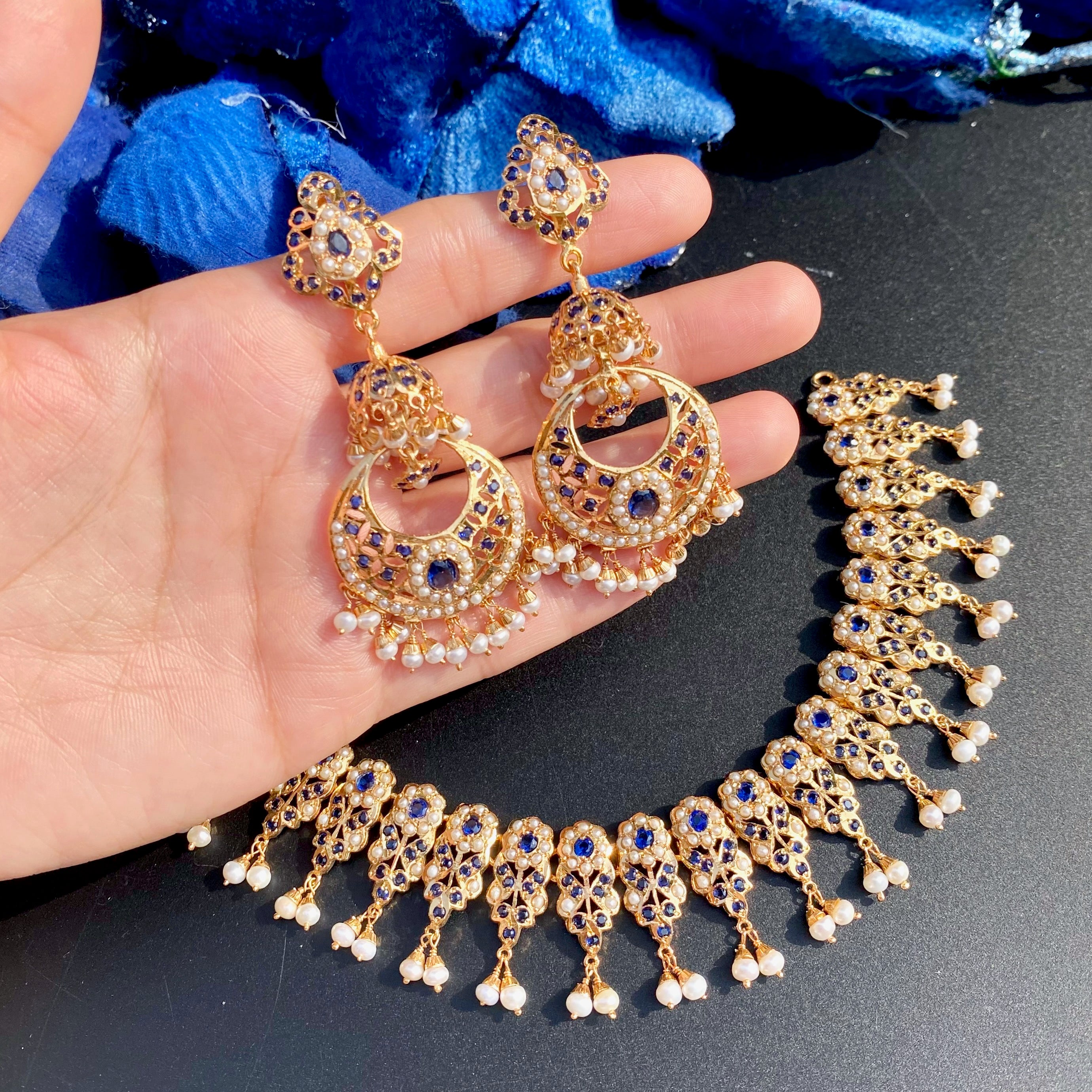 Sapphire-Blue Pearl Jadau Choker Set | Gold Plated on Sterling Silver Base NS 467