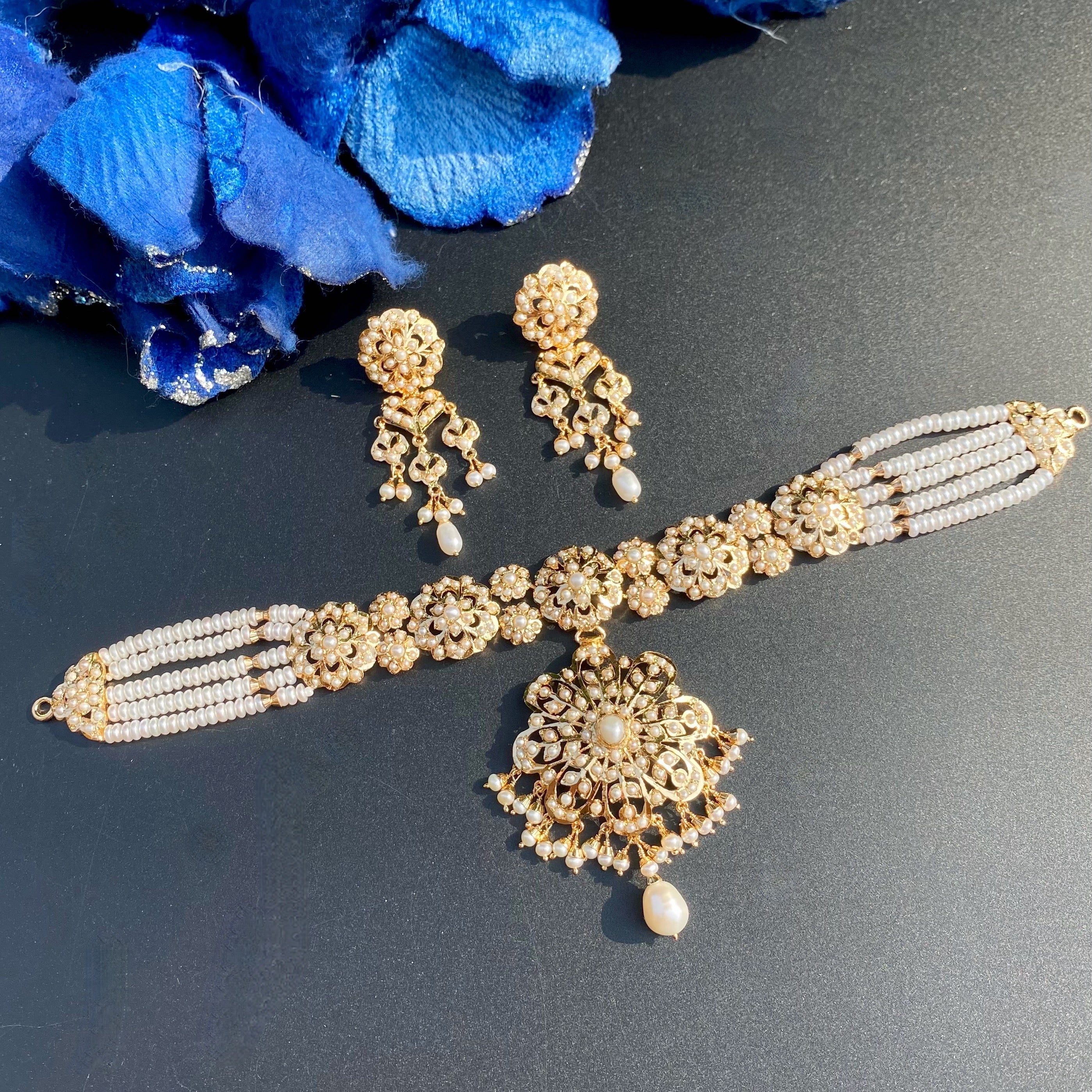 Exquisitely Crafted Pearl Choker Set | Gold Plated on 925 Silver NS 454