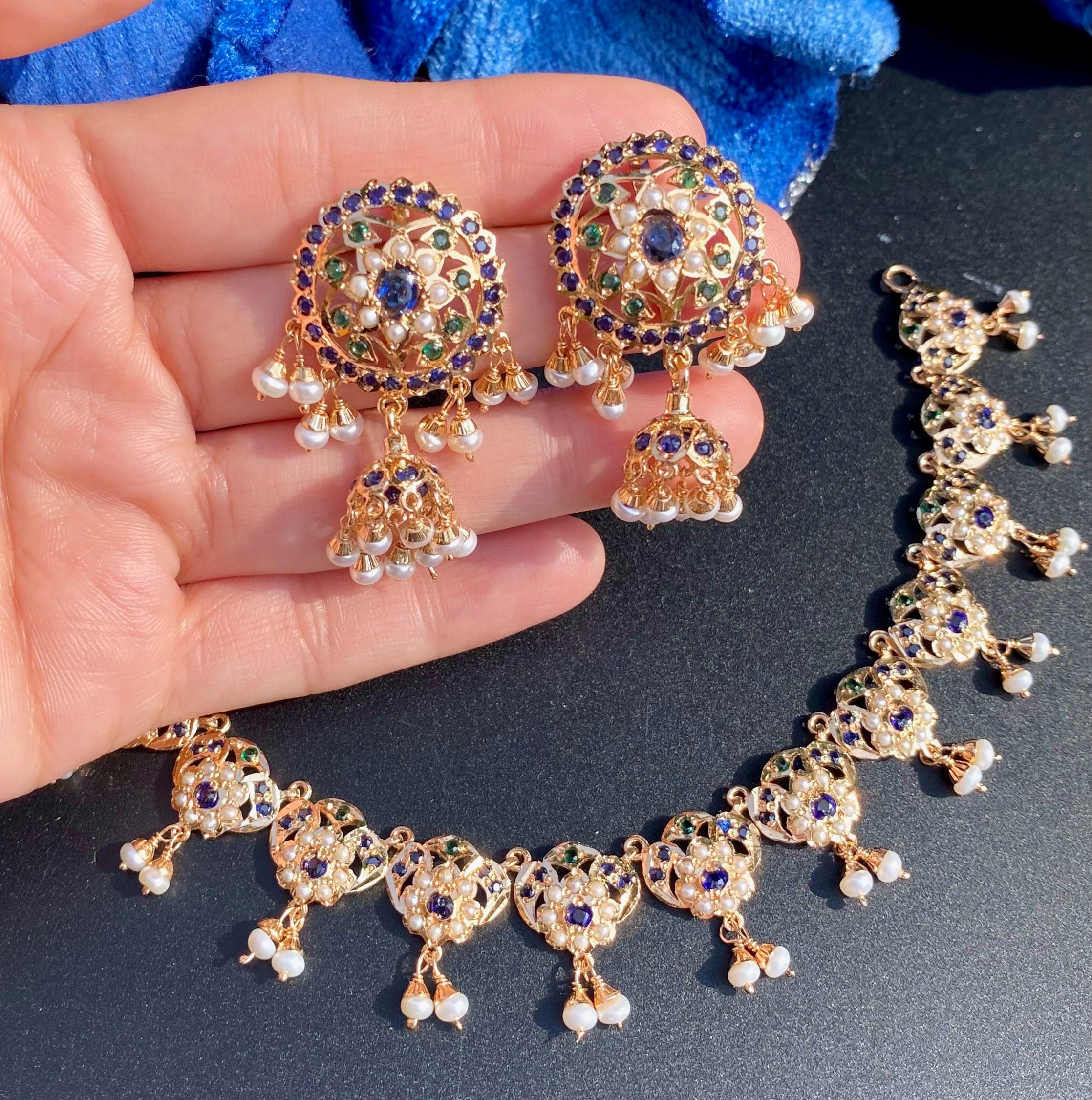 Sapphire-Blue Green Pearl Jadau Choker Necklace Set | Gold Plated Silver NS 465
