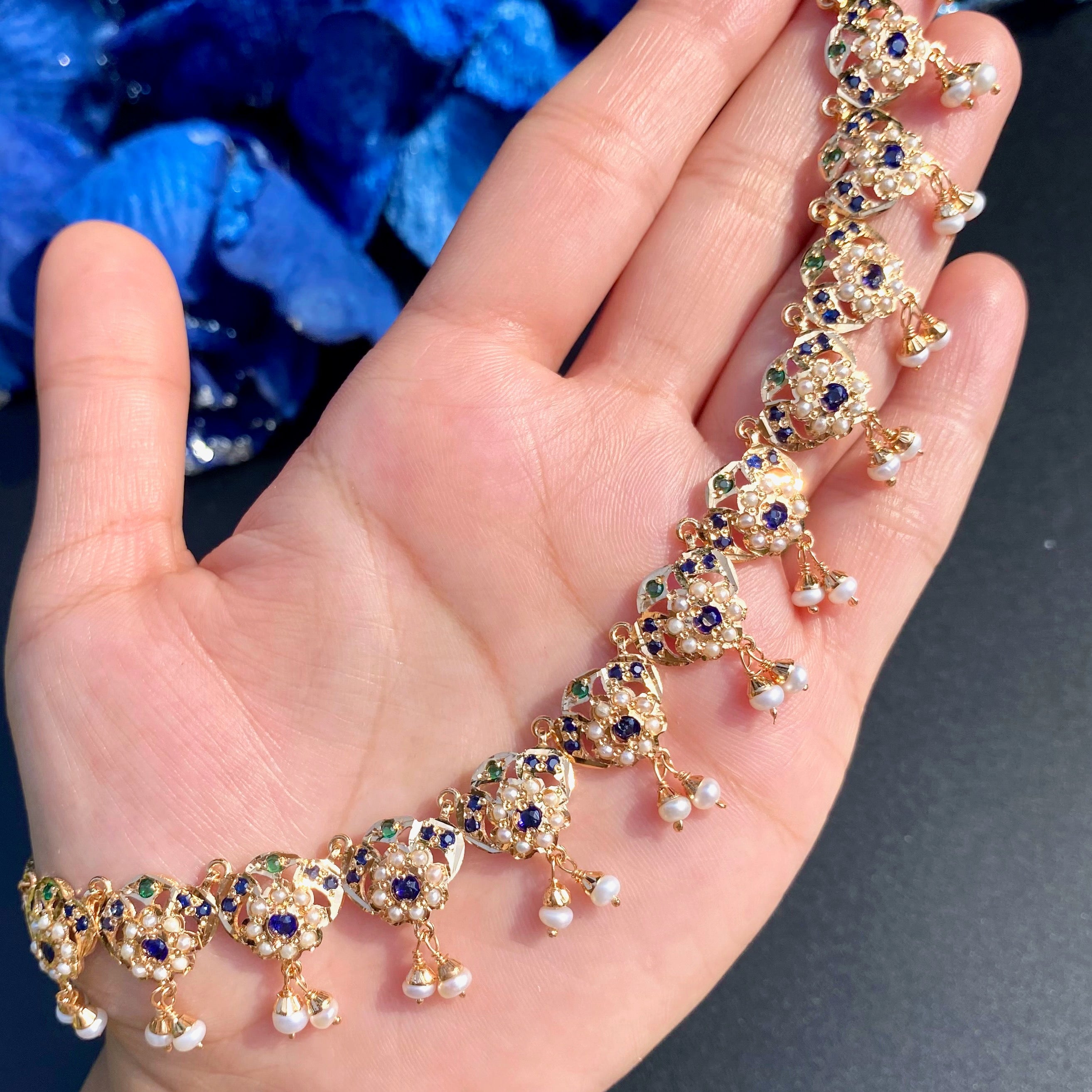 Sapphire-Blue Green Pearl Jadau Choker Necklace Set | Gold Plated Silver NS 465
