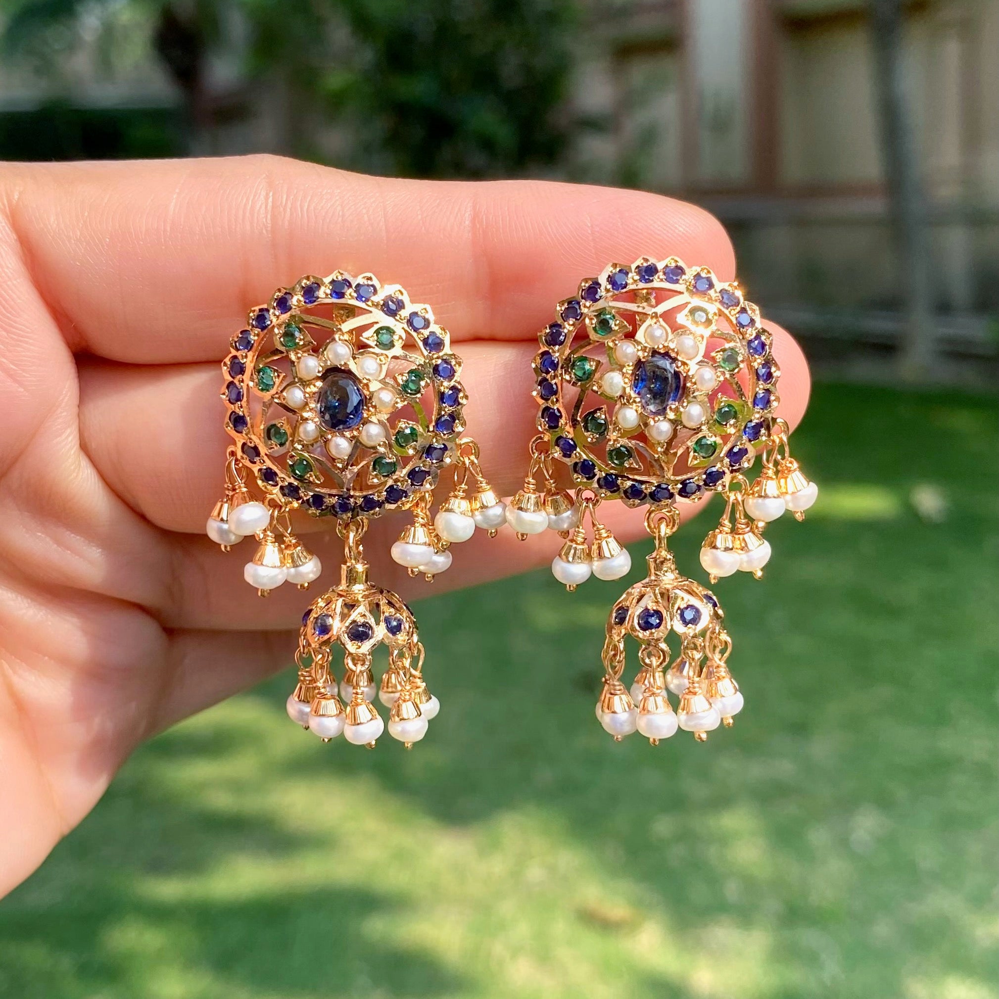 Sapphire-Blue Green Pearl Jadau Choker Necklace Set | Gold Plated Silver NS 465