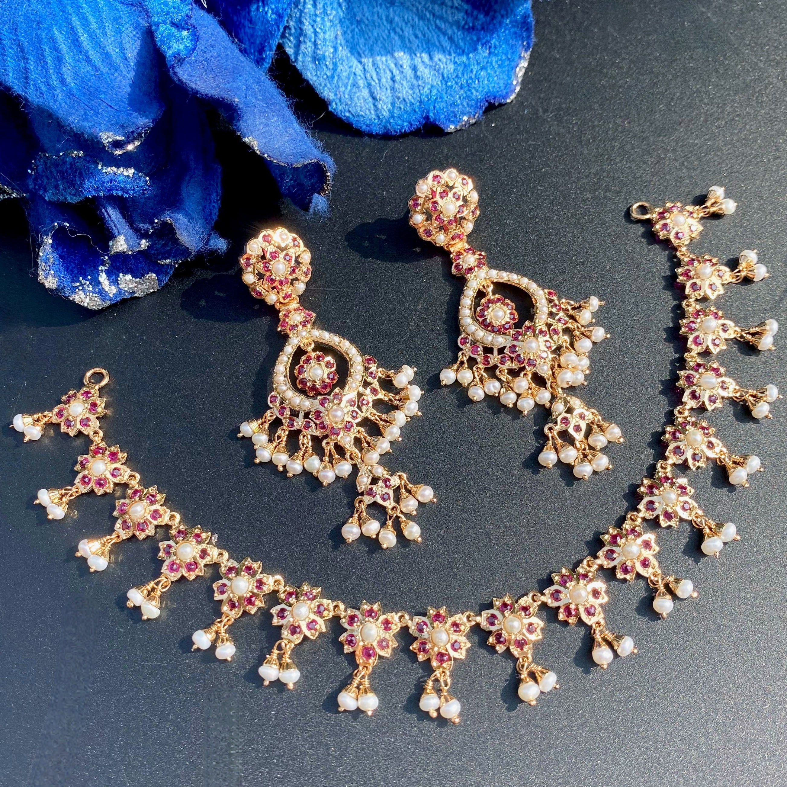 Ruby Pearl Floral Jadau Choker Set | Gold Plated on Silver NS 464