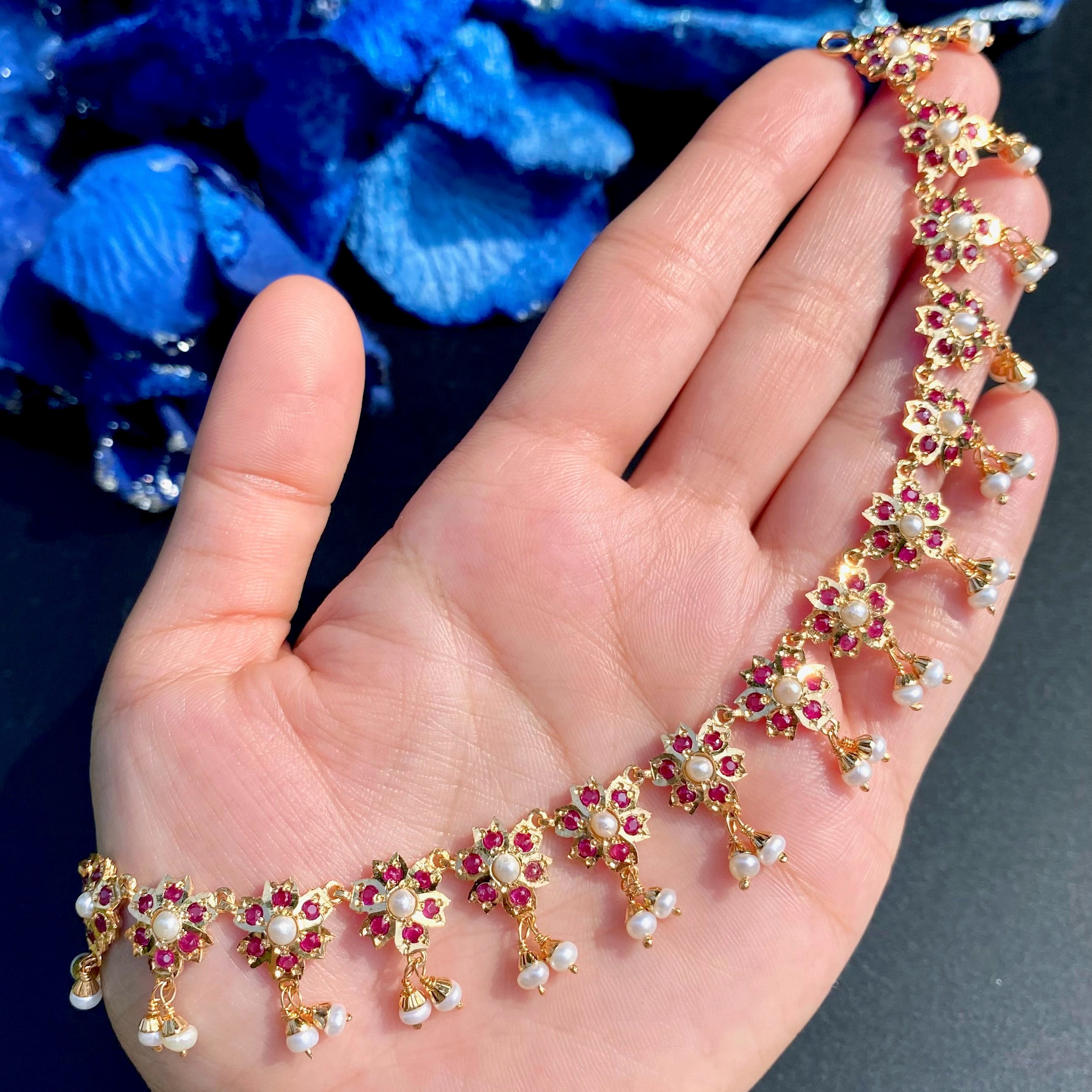 Ruby Pearl Floral Jadau Choker Set | Gold Plated on Silver NS 464