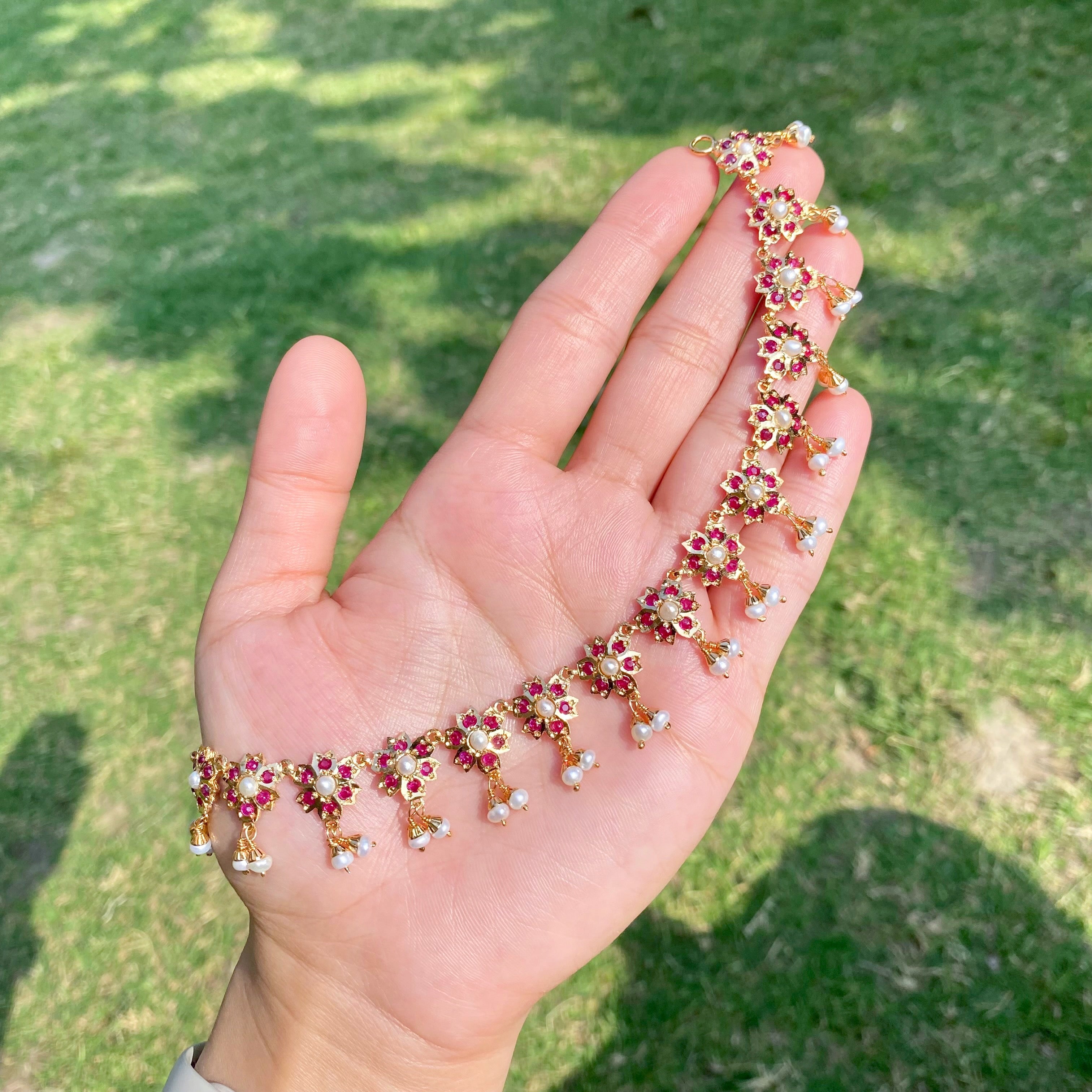 Ruby Pearl Floral Jadau Choker Set | Gold Plated on Silver NS 464