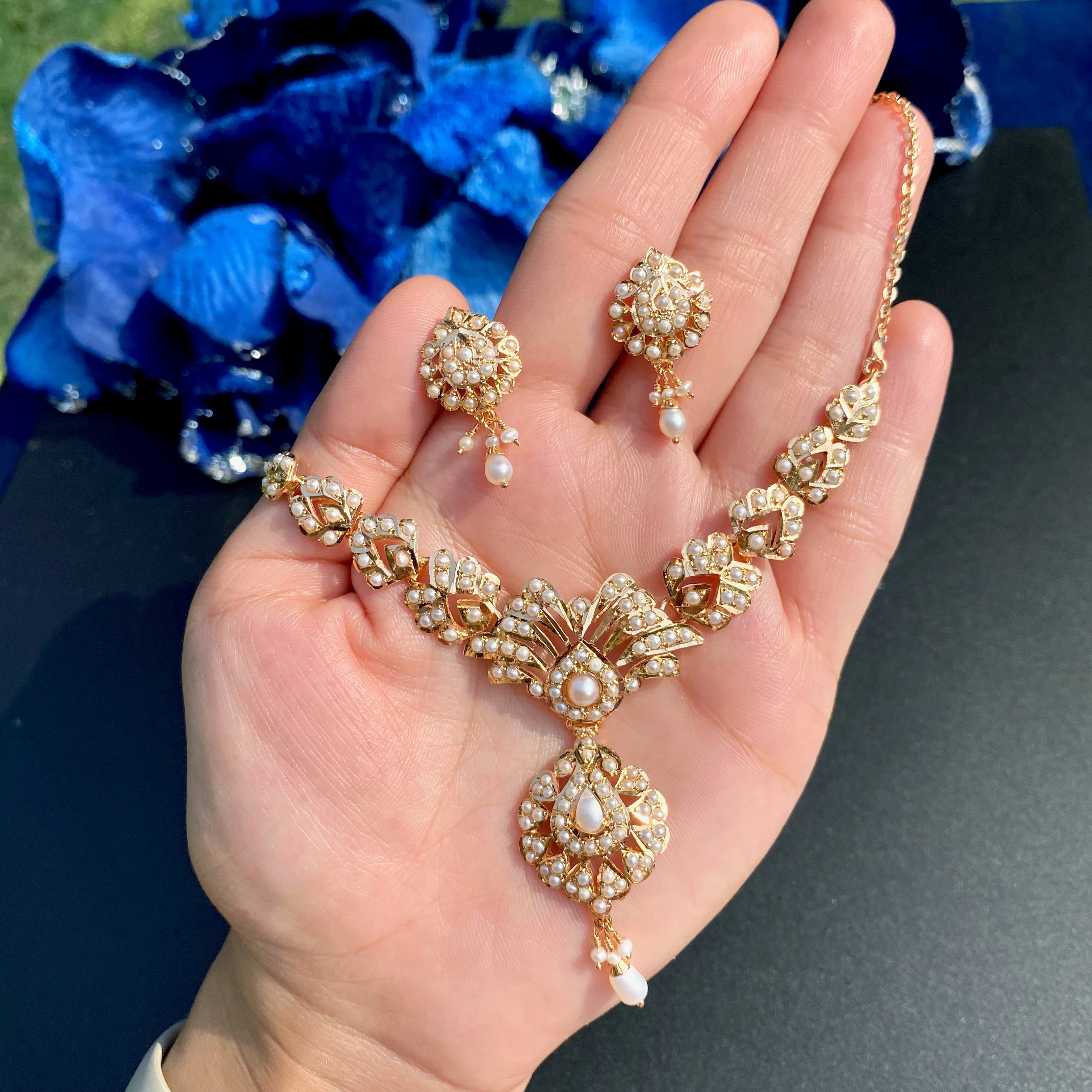 Pearl Fan Motif Jadau Chain Necklace Set | Gold Plated Silver NS 468