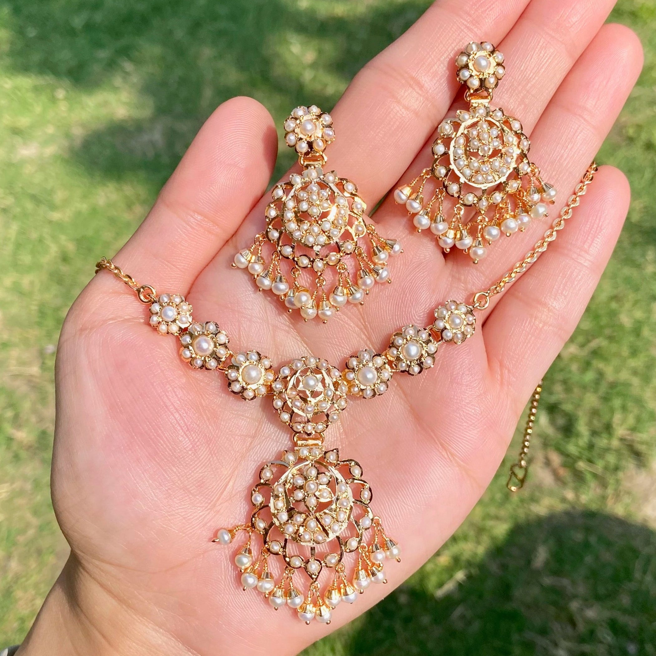 Pearl Jadau Chain Necklace Set | Gold Plated Silver NS 469