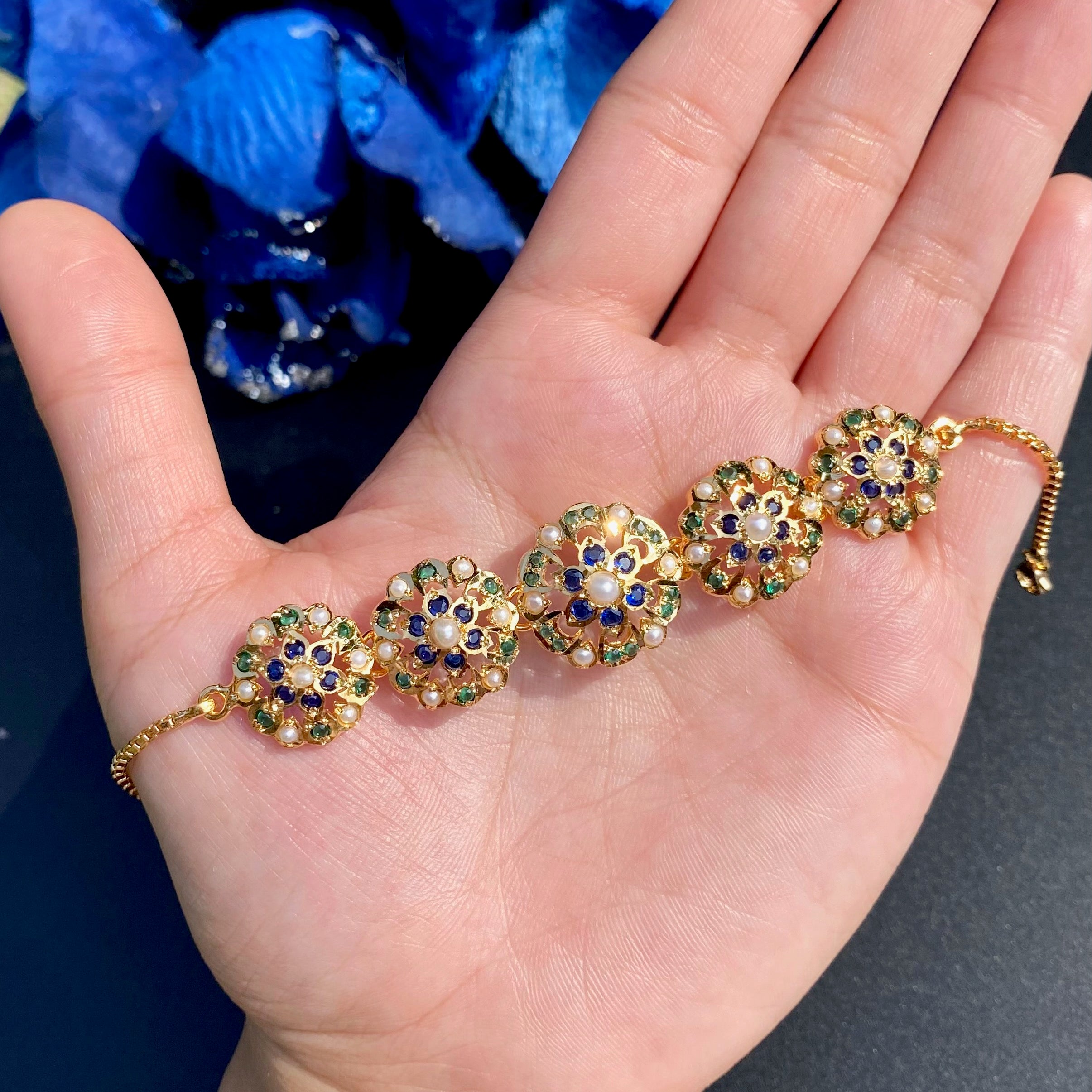 Sapphire-Green Pearl Floral Jadau Bracelet | Gold Plated on 925 Silver BG 182