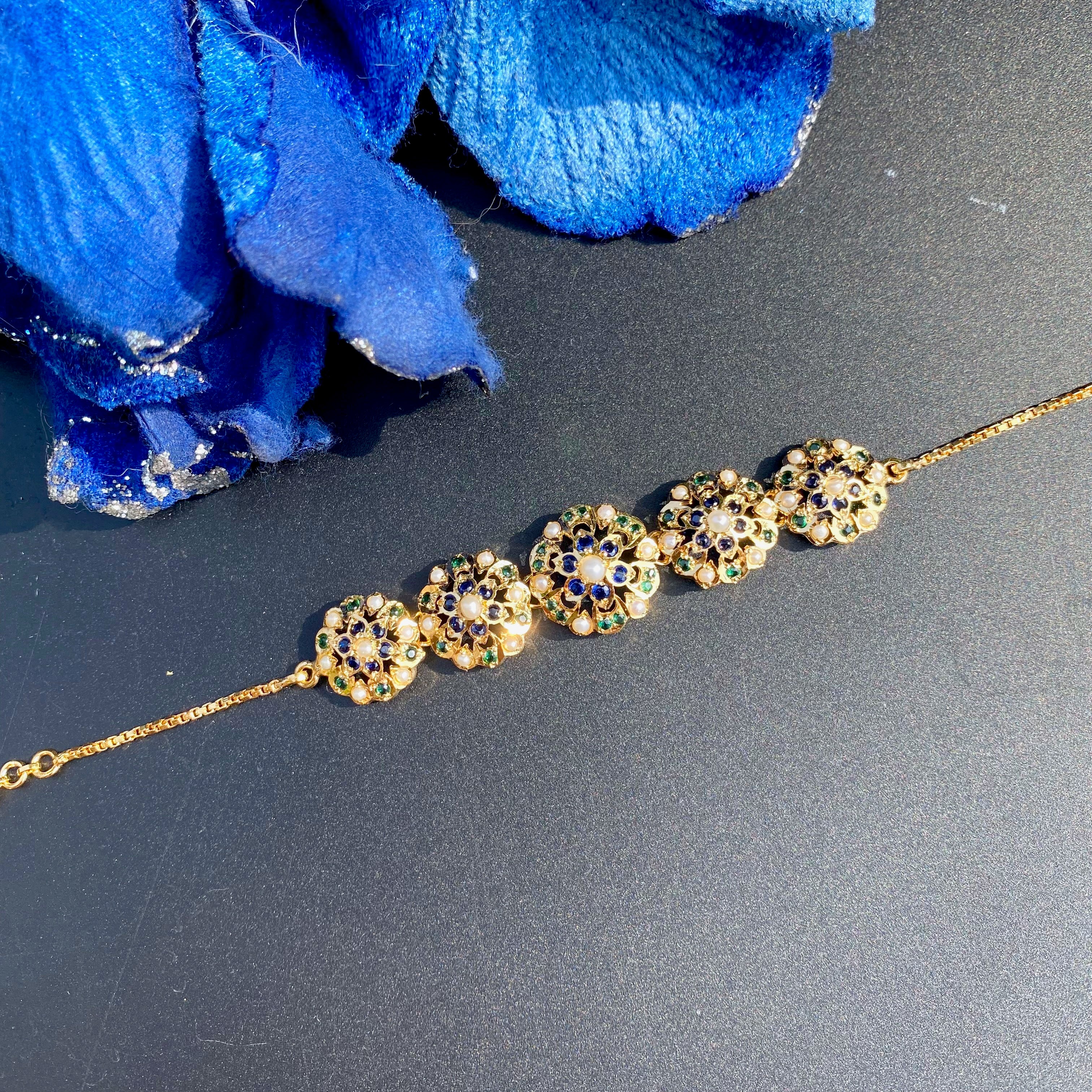 Sapphire-Green Pearl Floral Jadau Bracelet | Gold Plated on 925 Silver BG 182