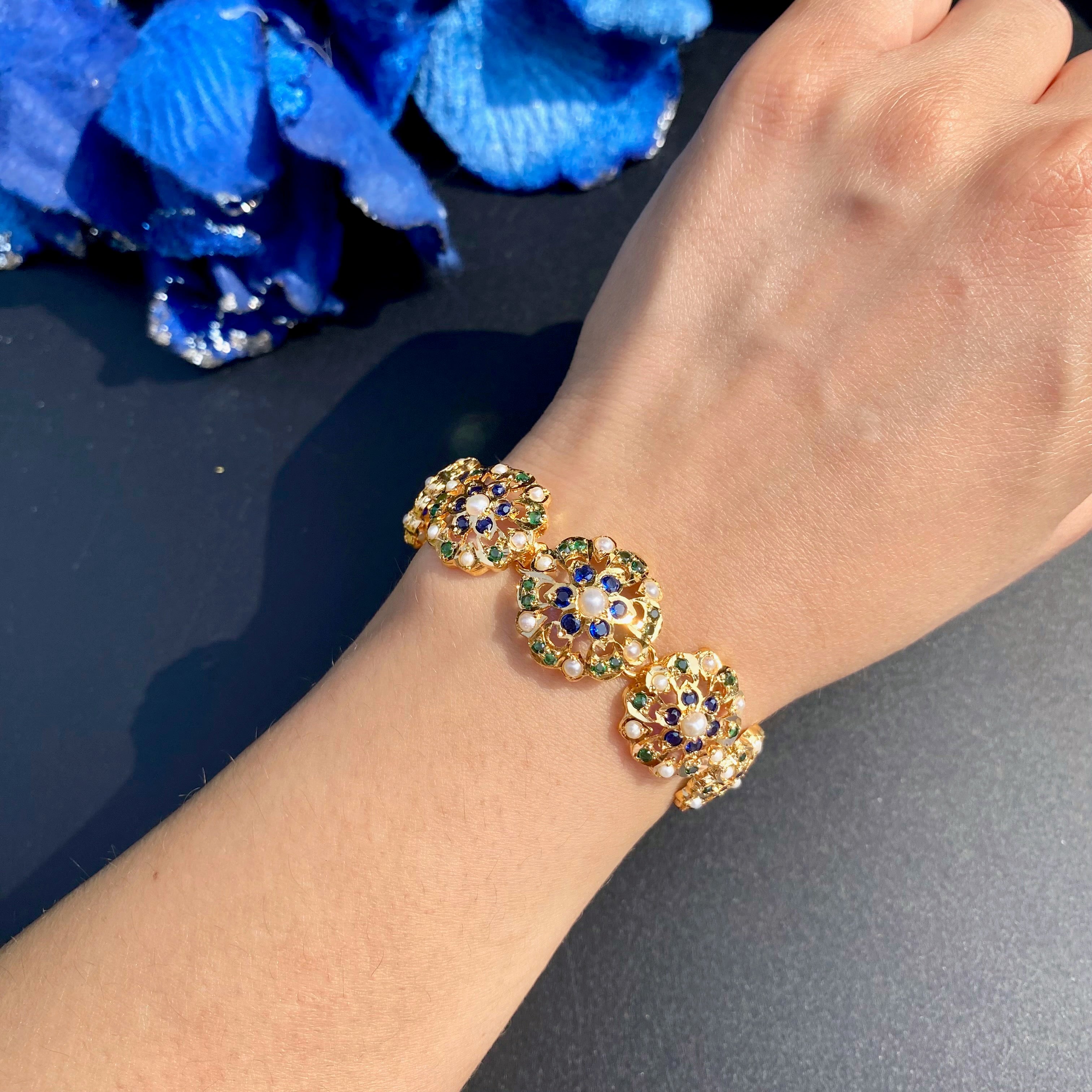 Sapphire-Green Pearl Floral Jadau Bracelet | Gold Plated on 925 Silver BG 182