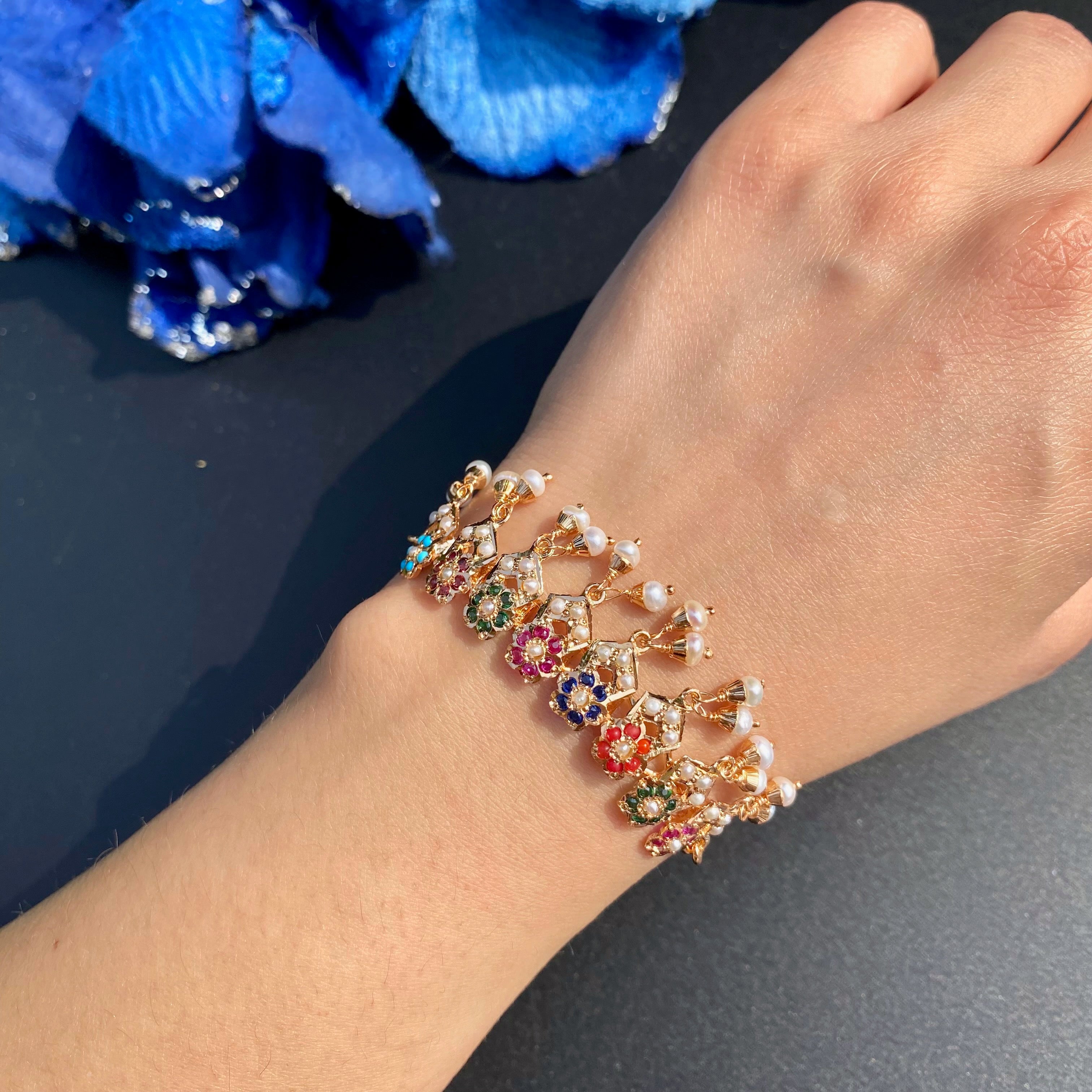 Product Title: Navratna Pearl Fringe Jadau Bracelet | Gold Plated Silver BG 185